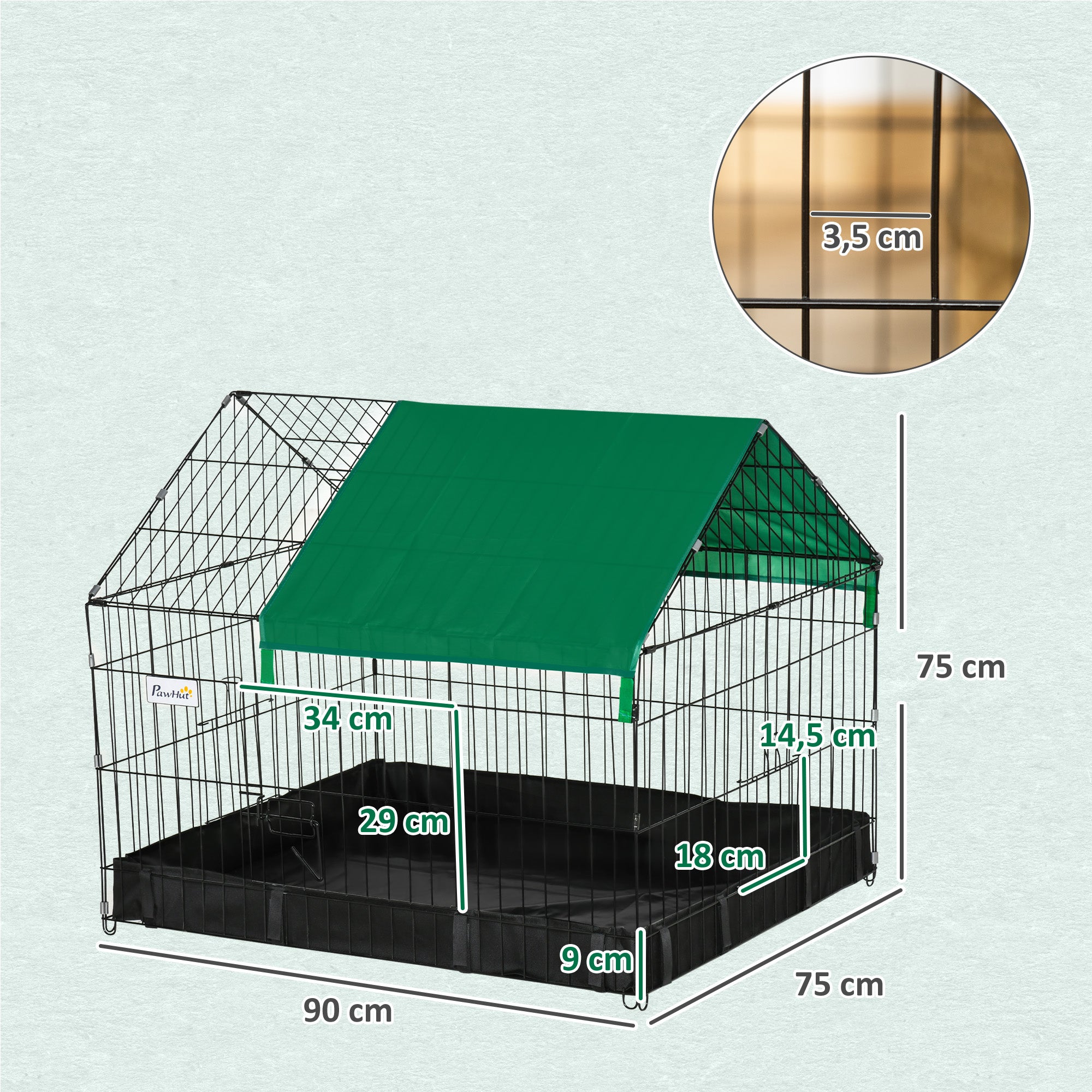 Gaiola para Animais Pequenos – 90x75x75 cm – Preto e Verde – Aço e Tecido Oxford