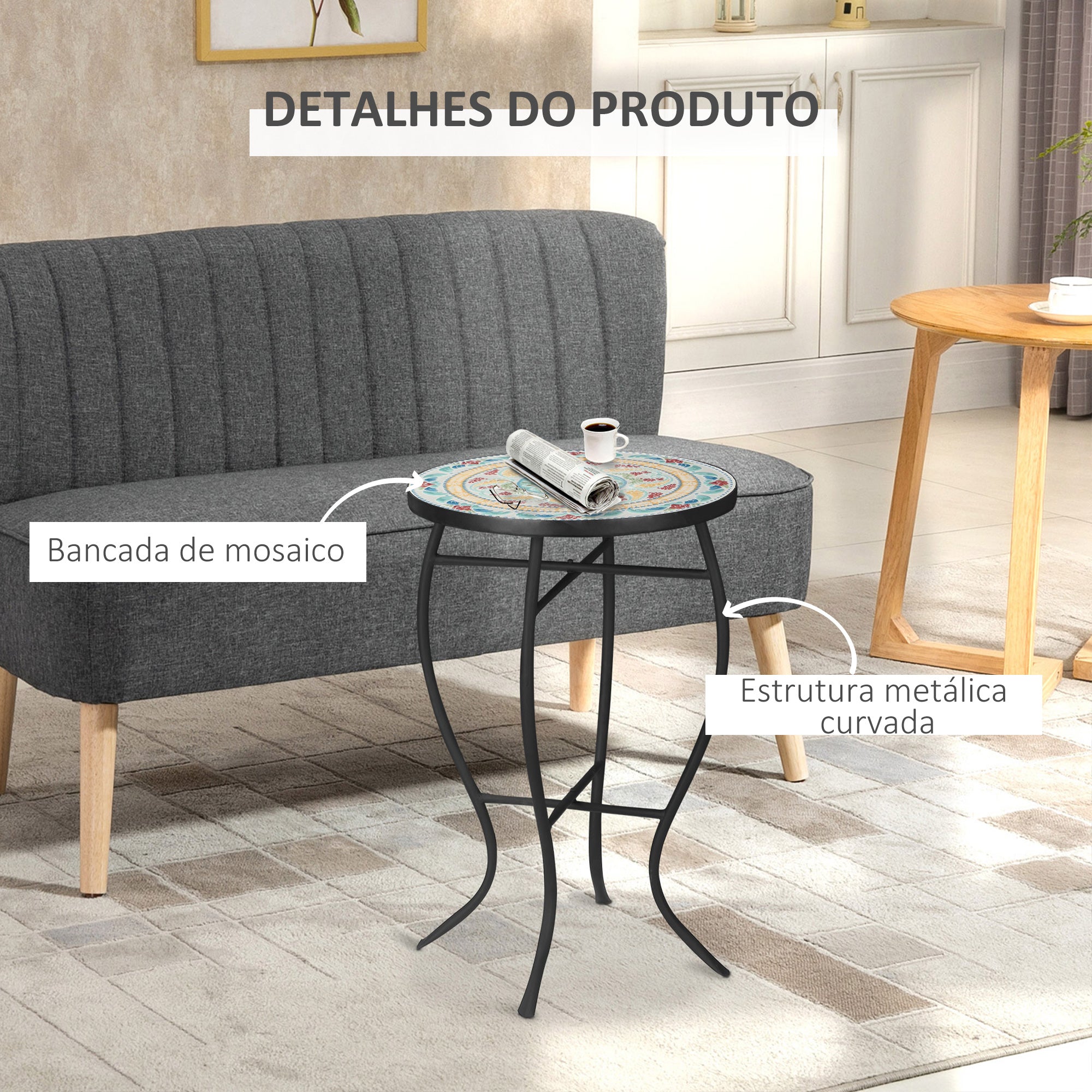 Mesa de Jardim Redonda de Mosaico Multicor 35,5x35,5x53,5cm