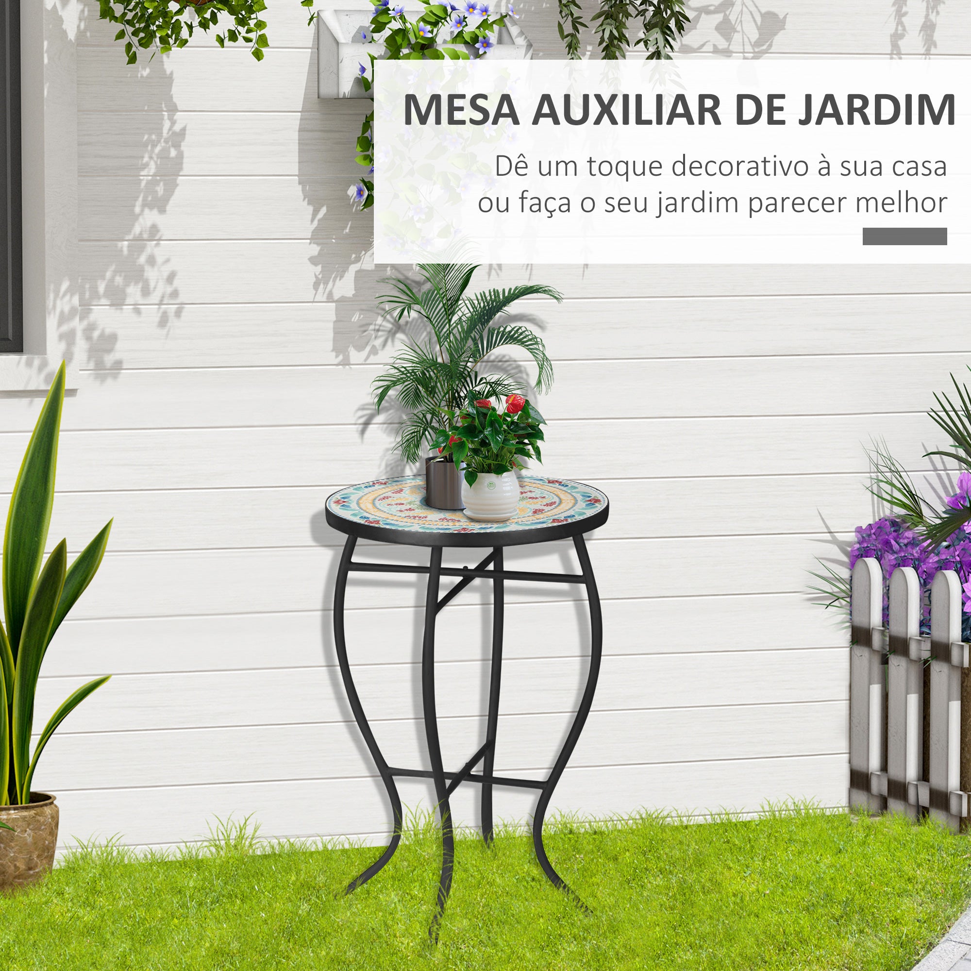 Mesa de Jardim Redonda de Mosaico Multicor 35,5x35,5x53,5cm