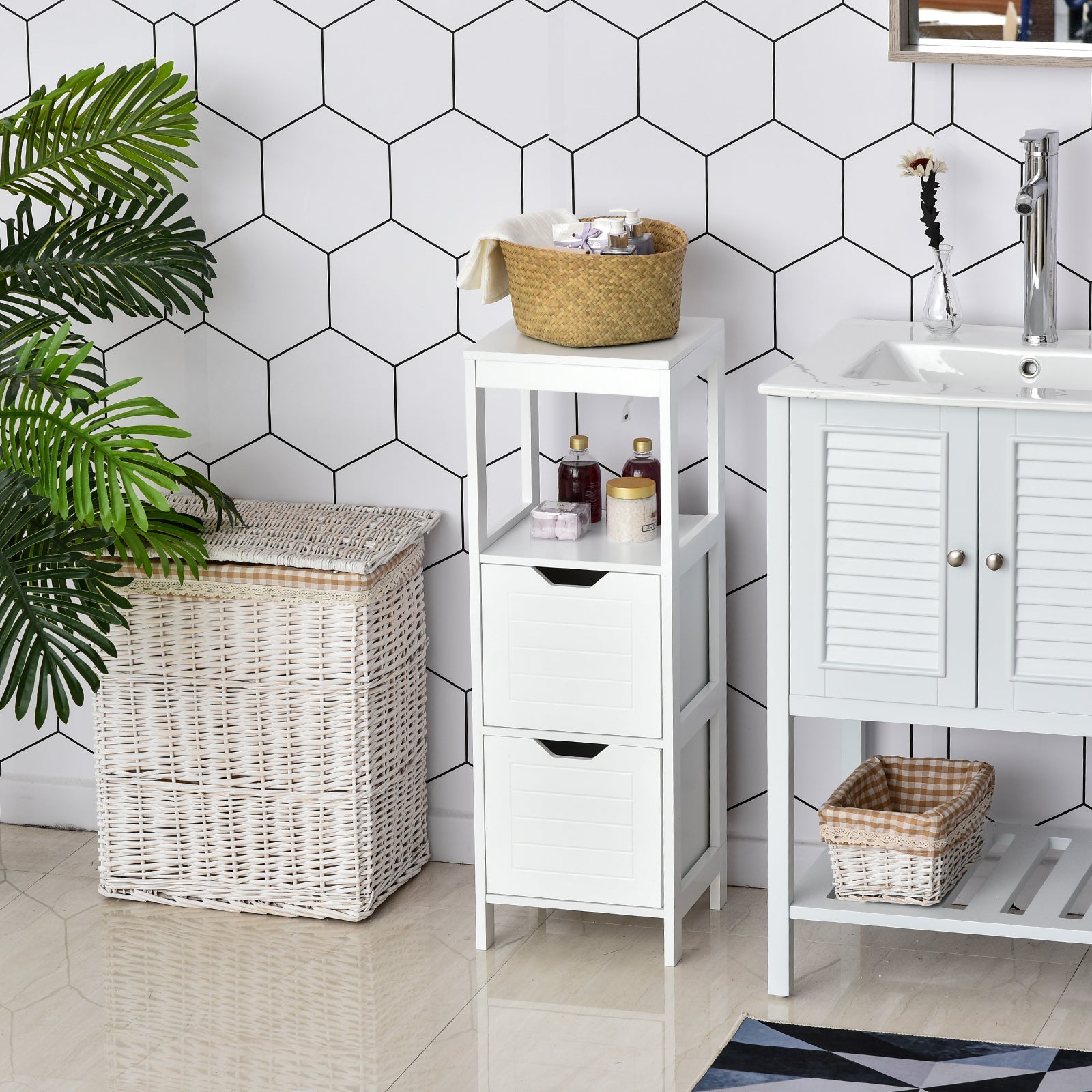 Armário de Banheiro Multifuncional com Prateleira Aberta e 2 Gavetas de Armazenamento - 30x30x89 cm - Branco