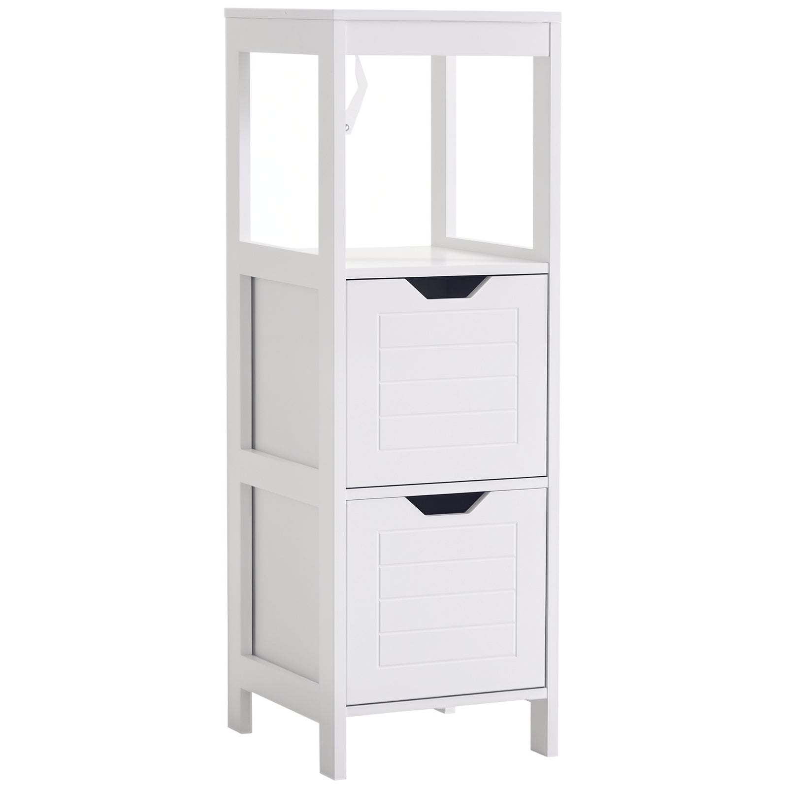 Armário de Banheiro Multifuncional com Prateleira Aberta e 2 Gavetas de Armazenamento - 30x30x89 cm - Branco