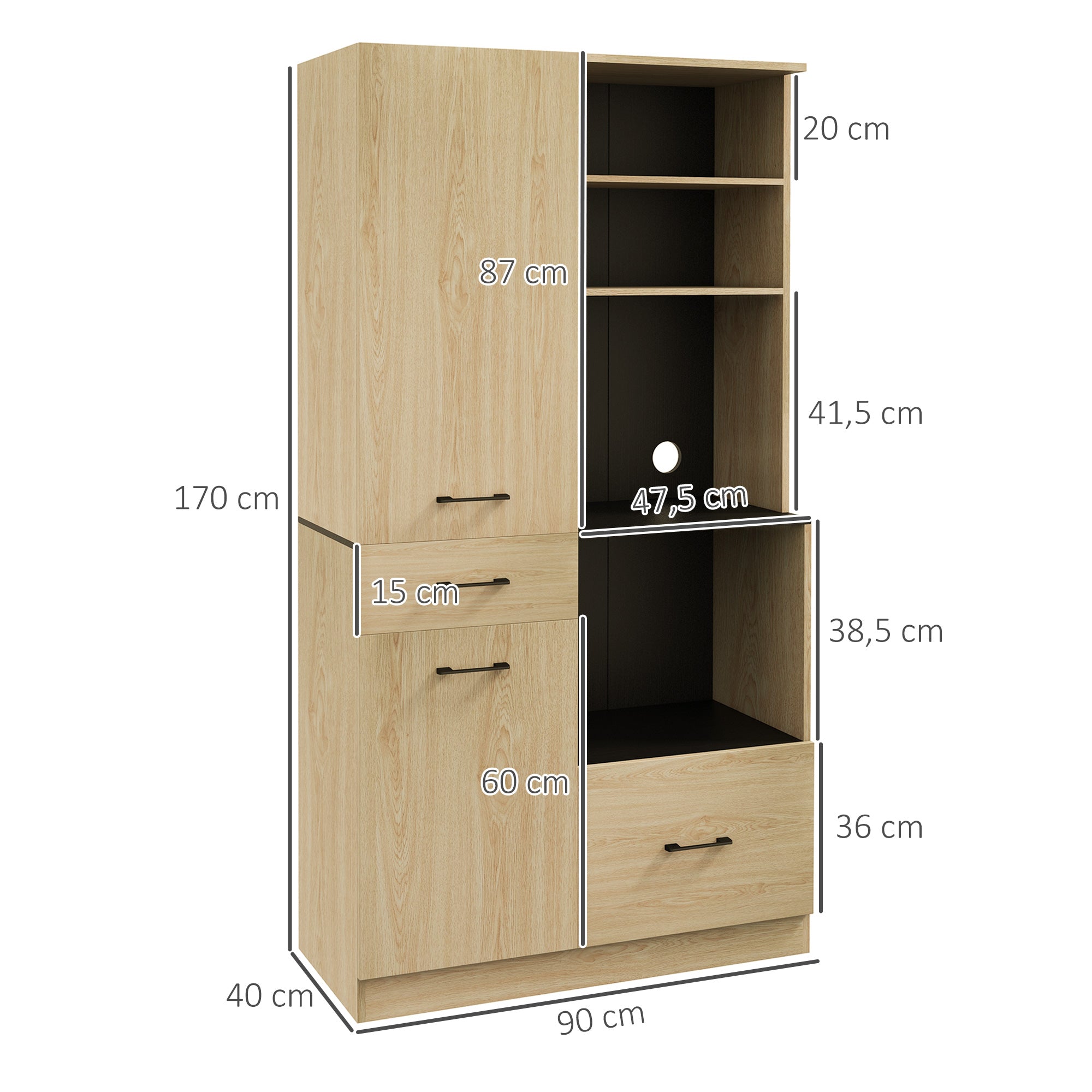 Armário de Cozinha Moderno com 2 Gavetas e 4 Prateleiras Abertas - 90x40x170 cm - Madeira e Preto