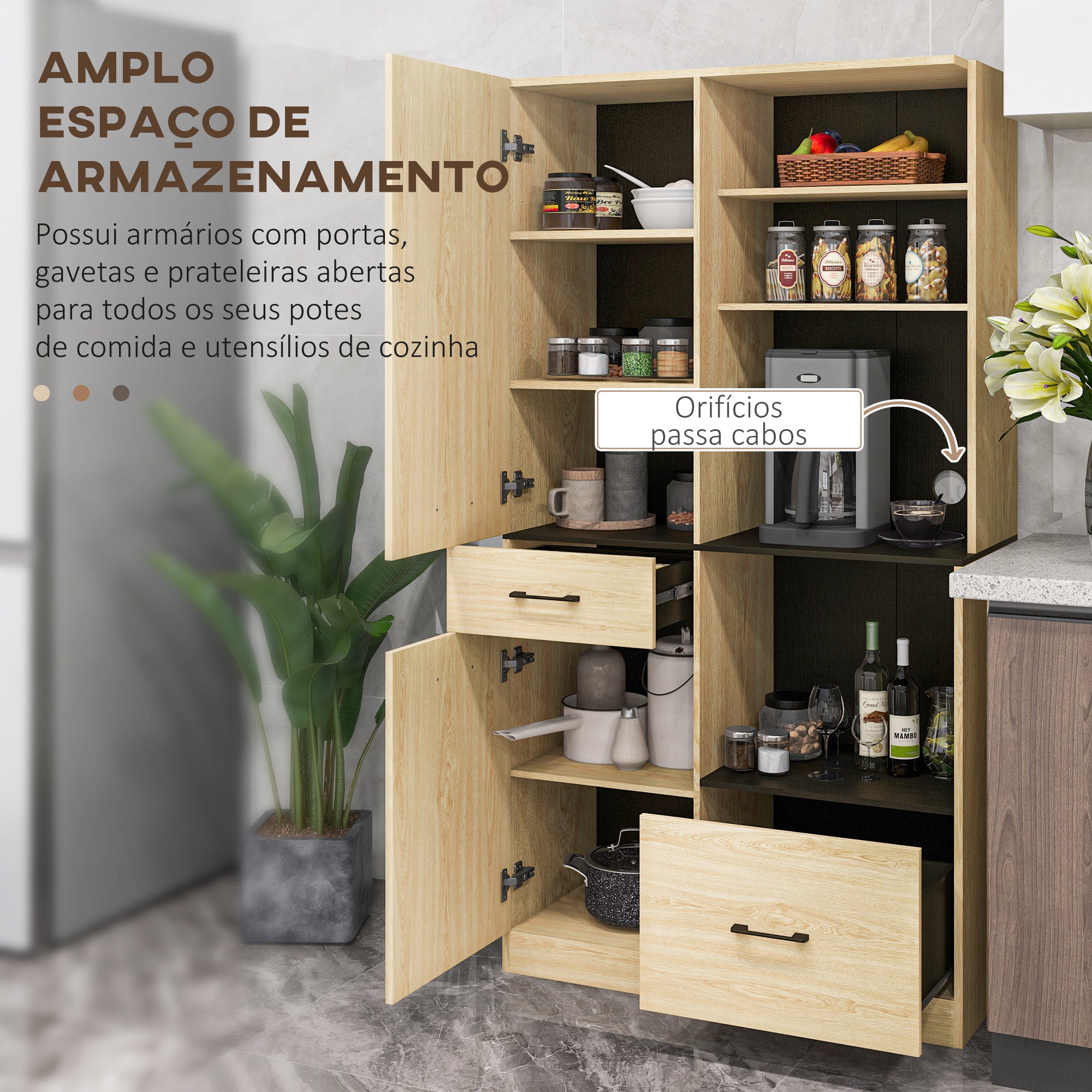 Armário de Cozinha Moderno com 2 Gavetas e 4 Prateleiras Abertas - 90x40x170 cm - Madeira e Preto