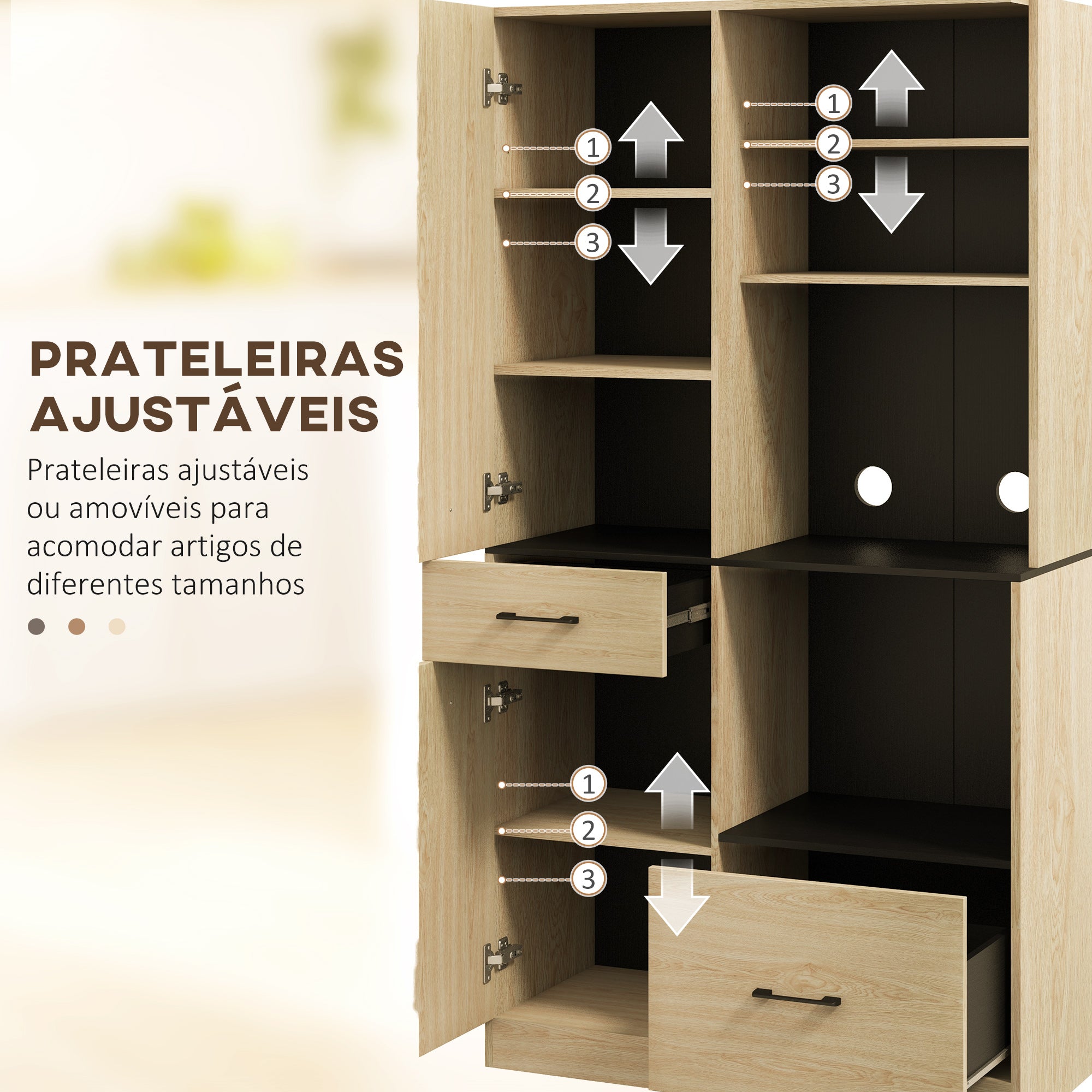 Armário de Cozinha Moderno com 2 Gavetas e 4 Prateleiras Abertas - 90x40x170 cm - Madeira e Preto