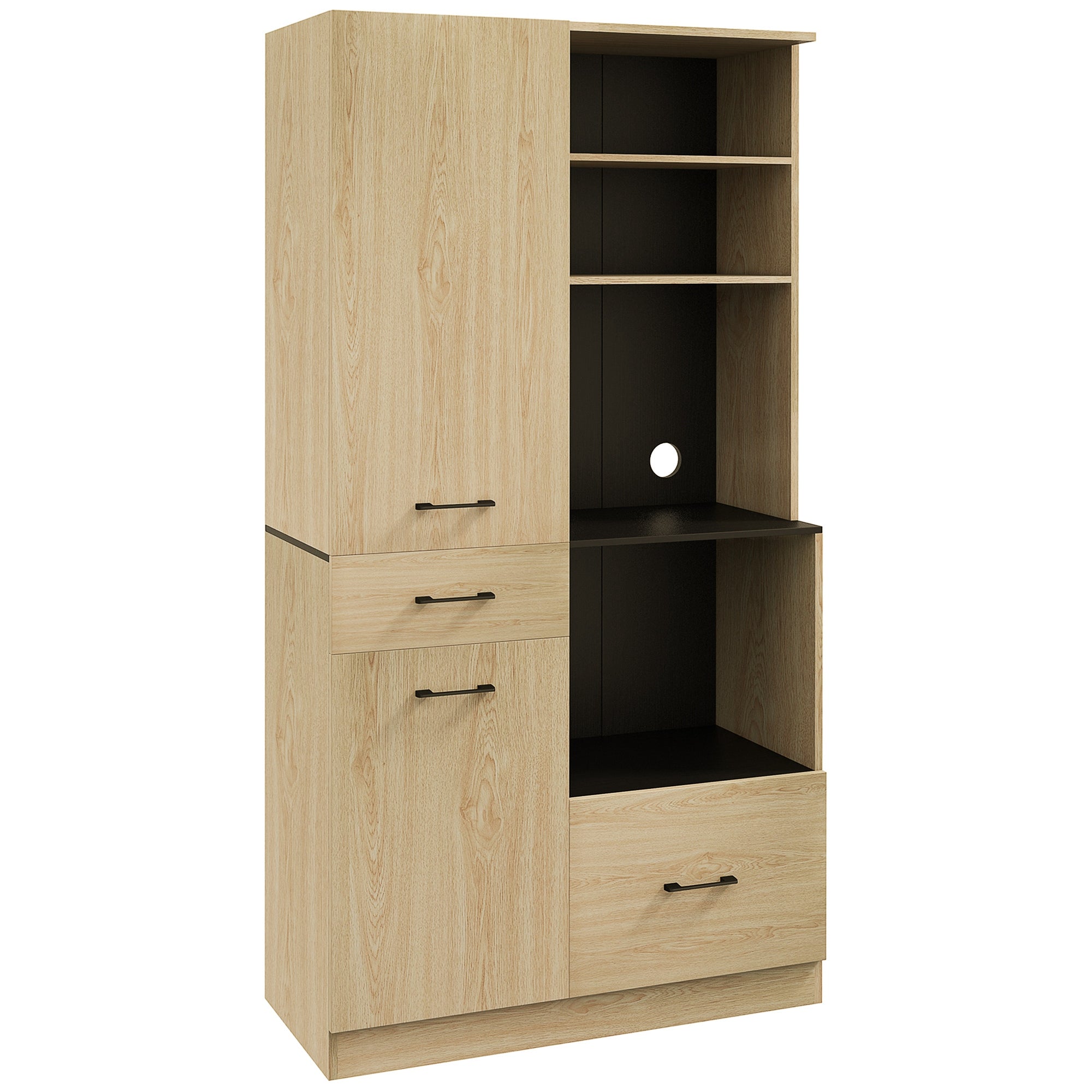 Armário de Cozinha Moderno com 2 Gavetas e 4 Prateleiras Abertas - 90x40x170 cm - Madeira e Preto