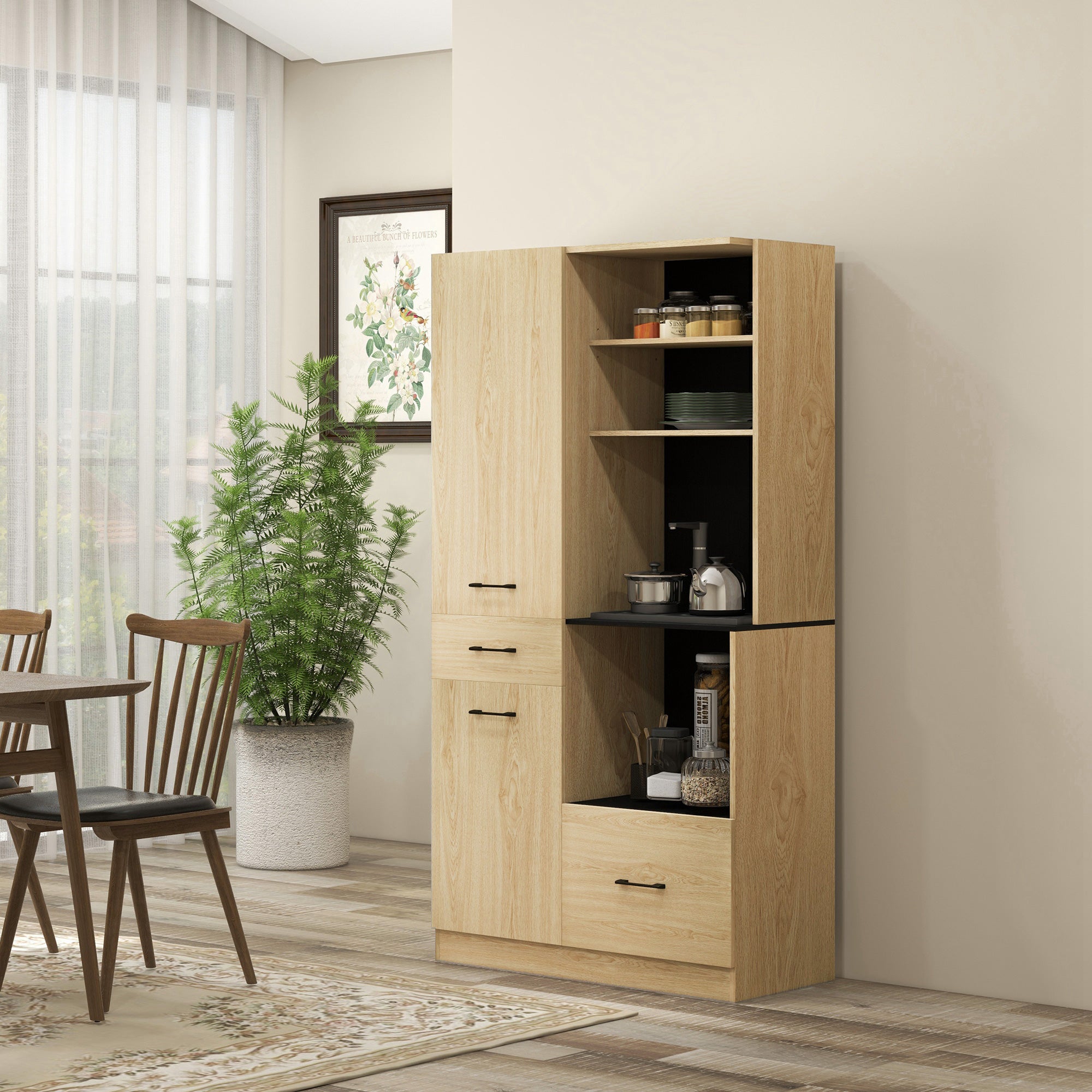 Armário de Cozinha Moderno com 2 Gavetas e 4 Prateleiras Abertas - 90x40x170 cm - Madeira e Preto