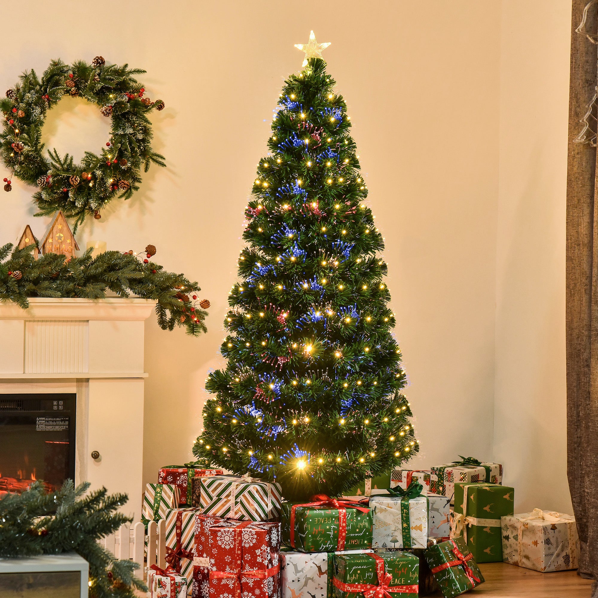 Árvore de Natal Artificial 180 cm Verde Fibra Óptica LED Ø82x180 cm