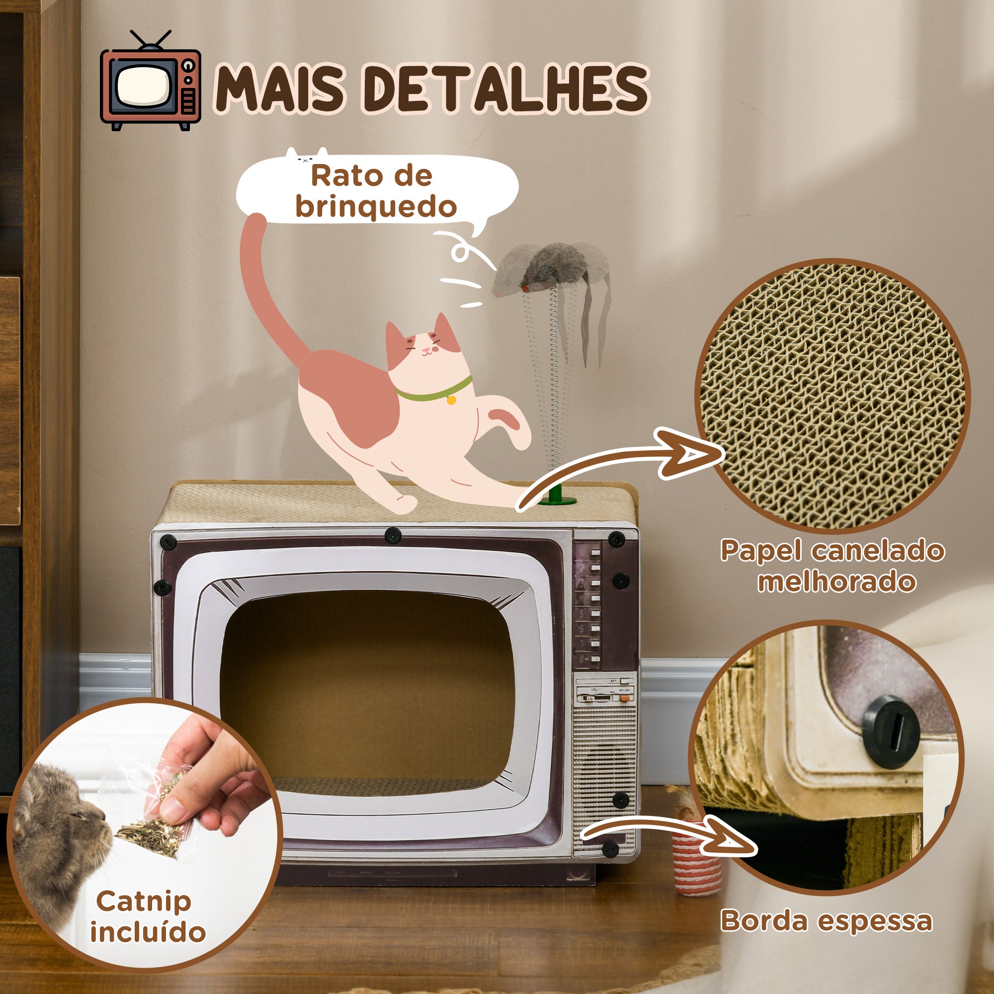 Arranhador para Gatos em Forma de Televisor 43x23x32,5 cm - Cor de Areia