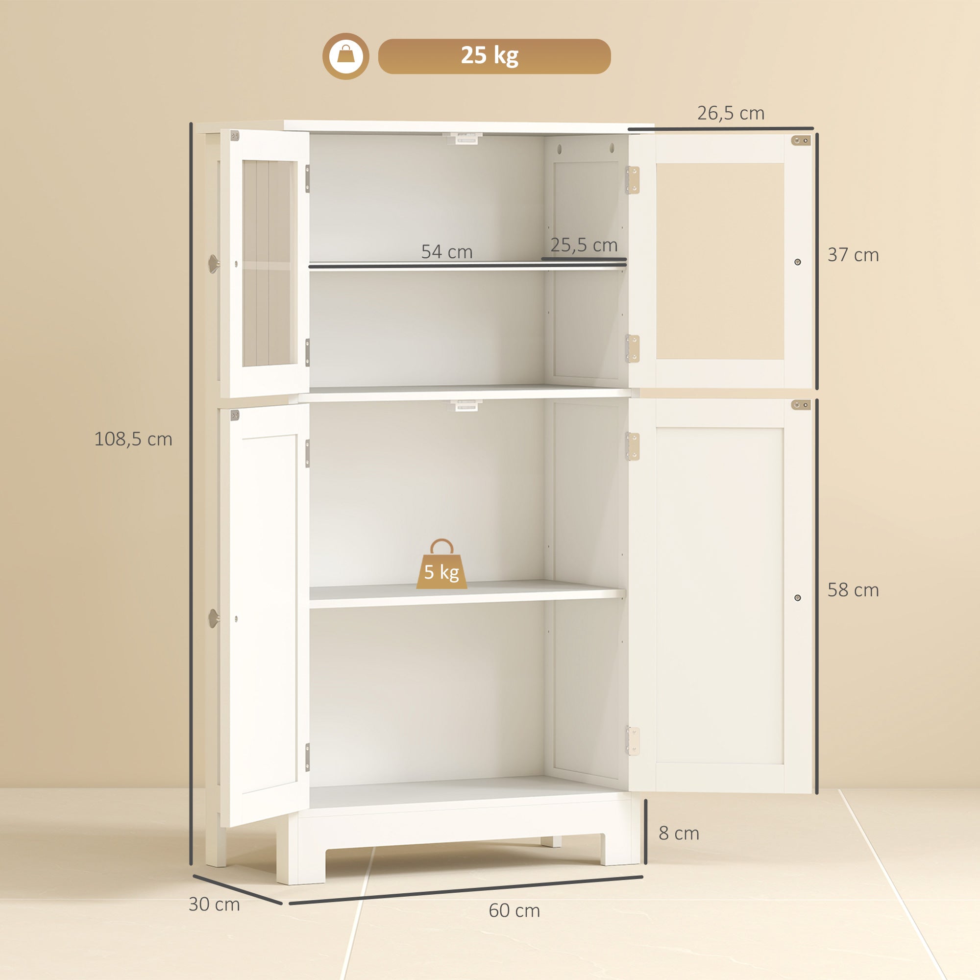 Armário Casa de Banho Móvel Auxiliar 60x30x108,5cm Branco