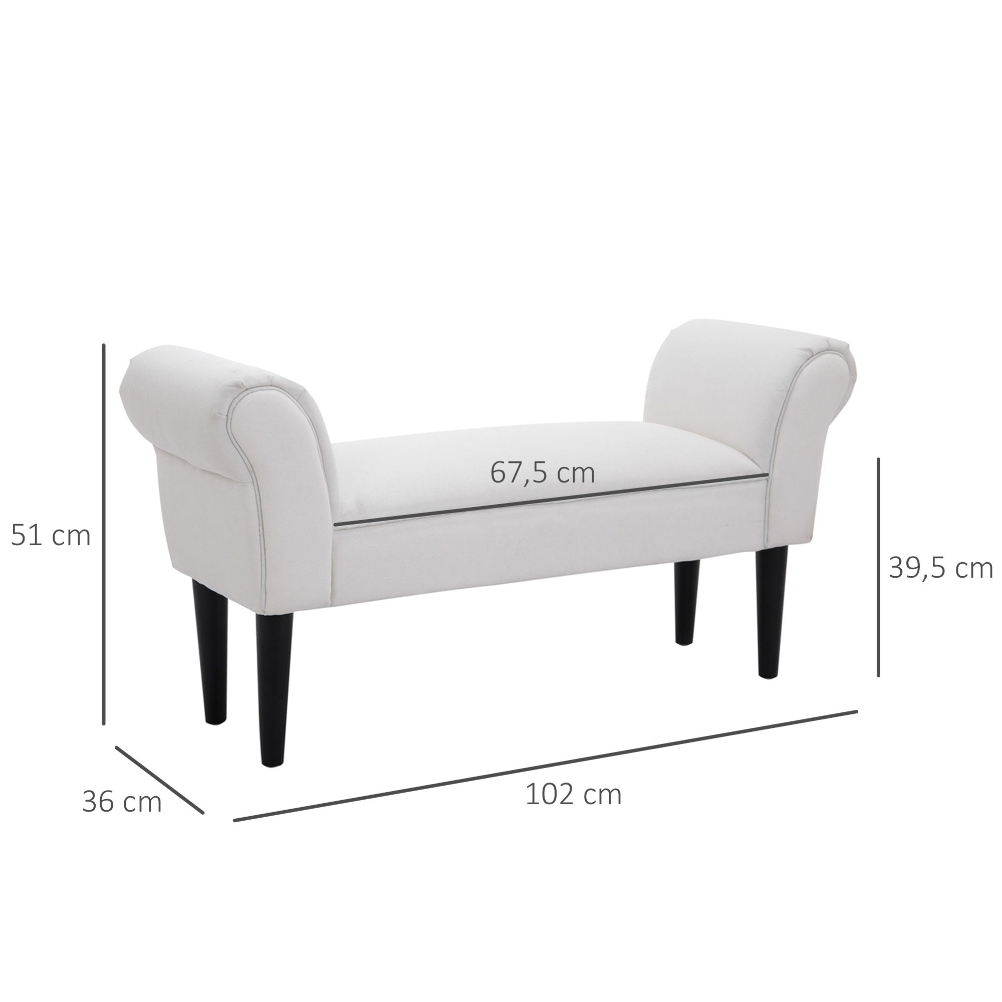 Banco Acolchoado Estofado Braços Curvados 102x31x51cm - Branco
