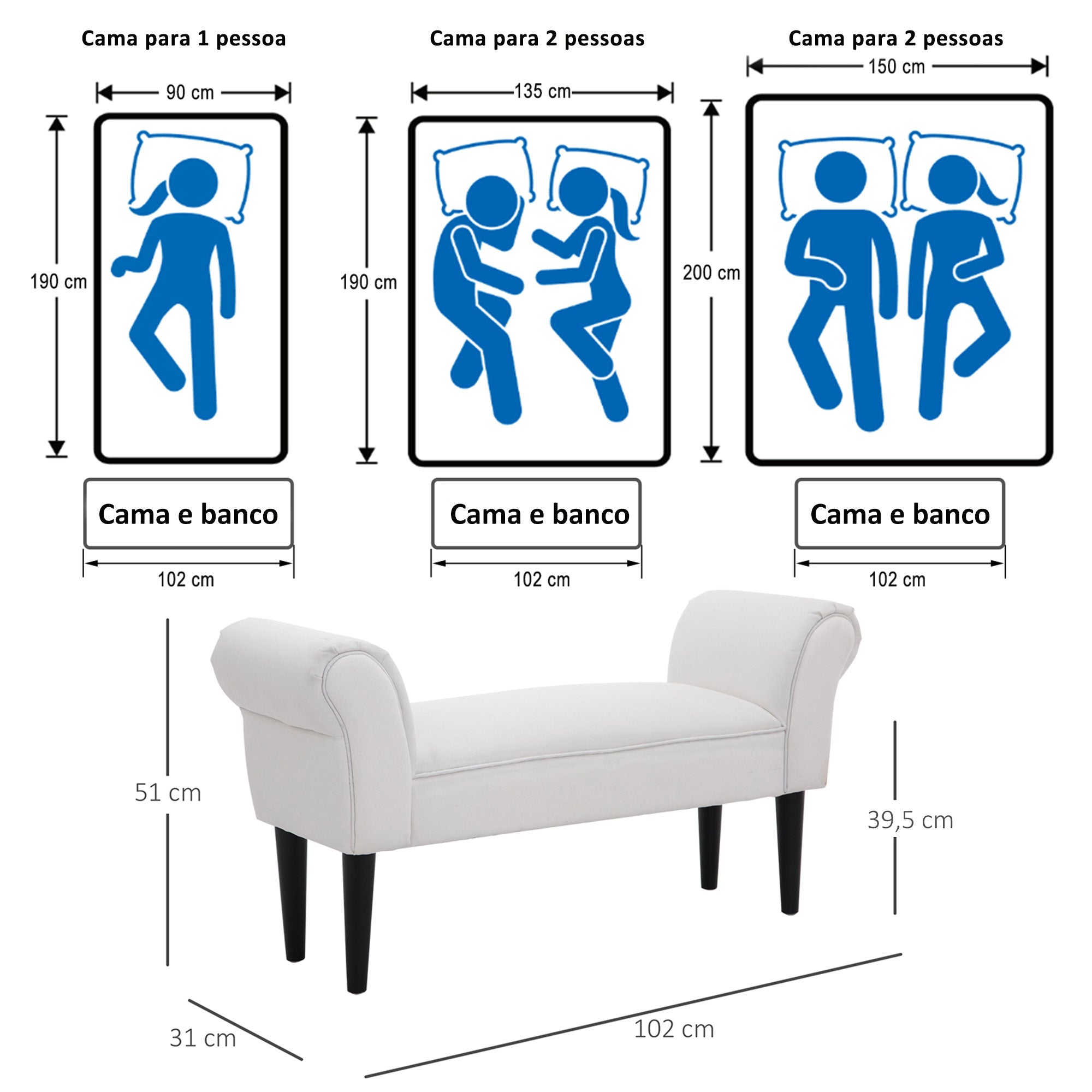Banco Acolchoado Estofado Braços Curvados 102x31x51cm - Branco