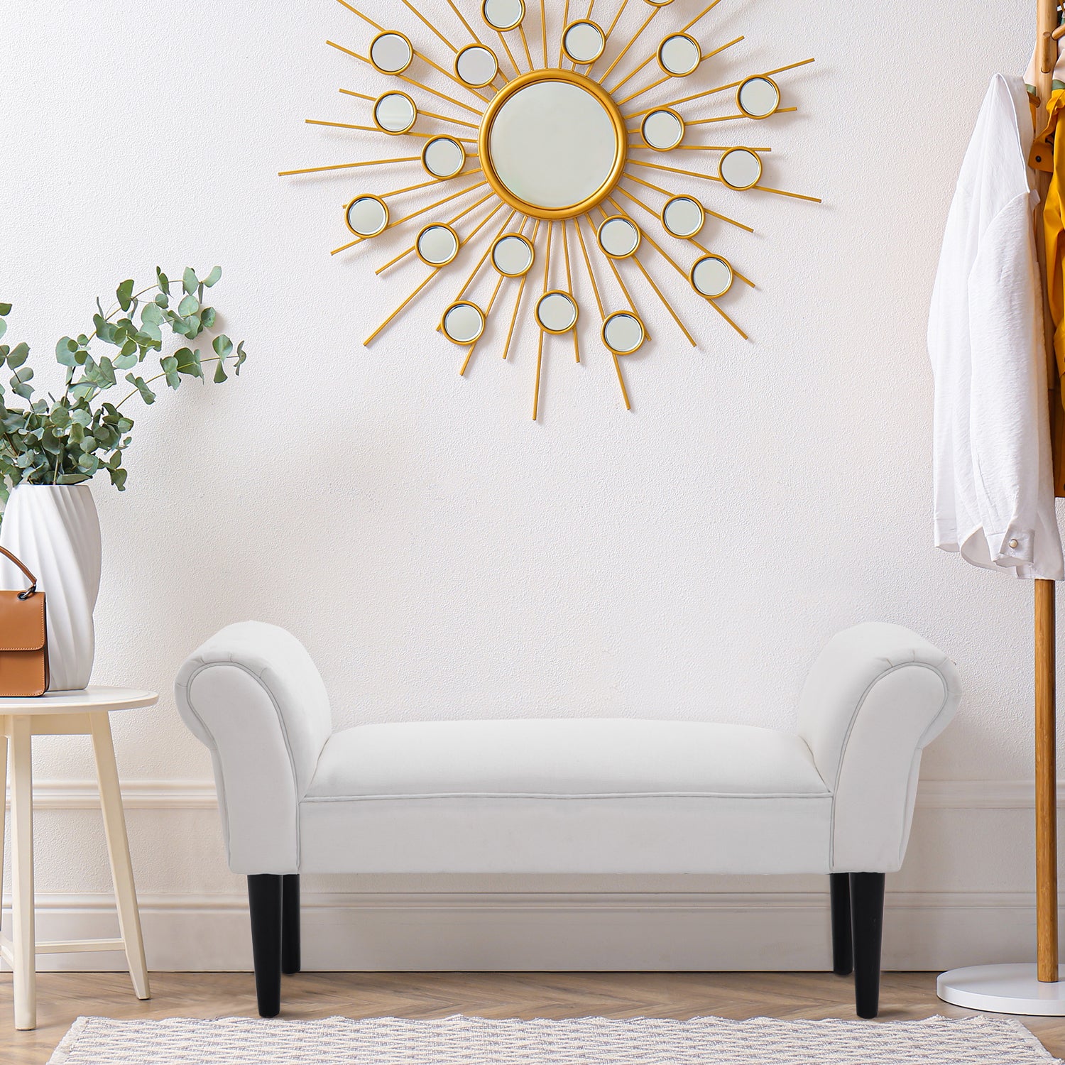 Banco Acolchoado Estofado Braços Curvados 102x31x51cm - Branco