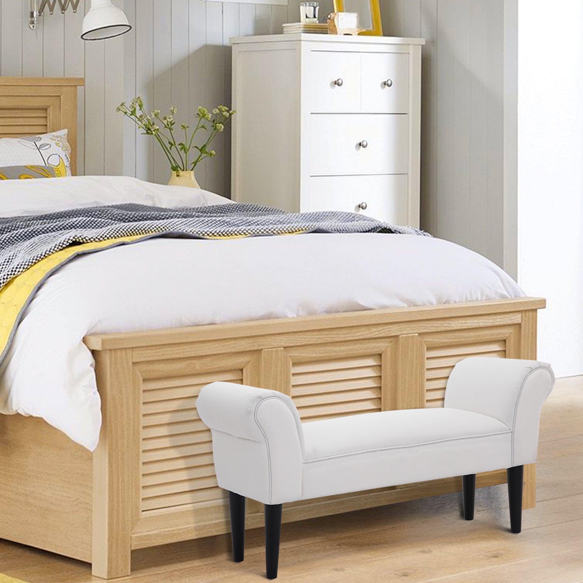 Banco Acolchoado Estofado Braços Curvados 102x31x51cm - Branco