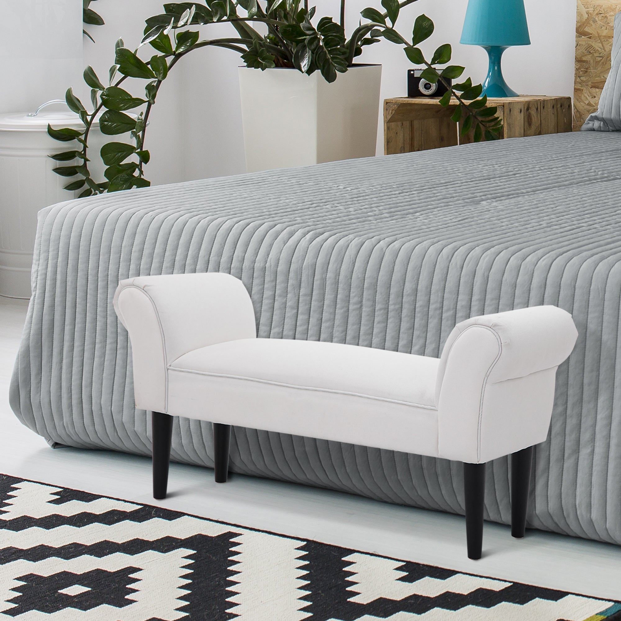 Banco Acolchoado Estofado Braços Curvados 102x31x51cm - Branco