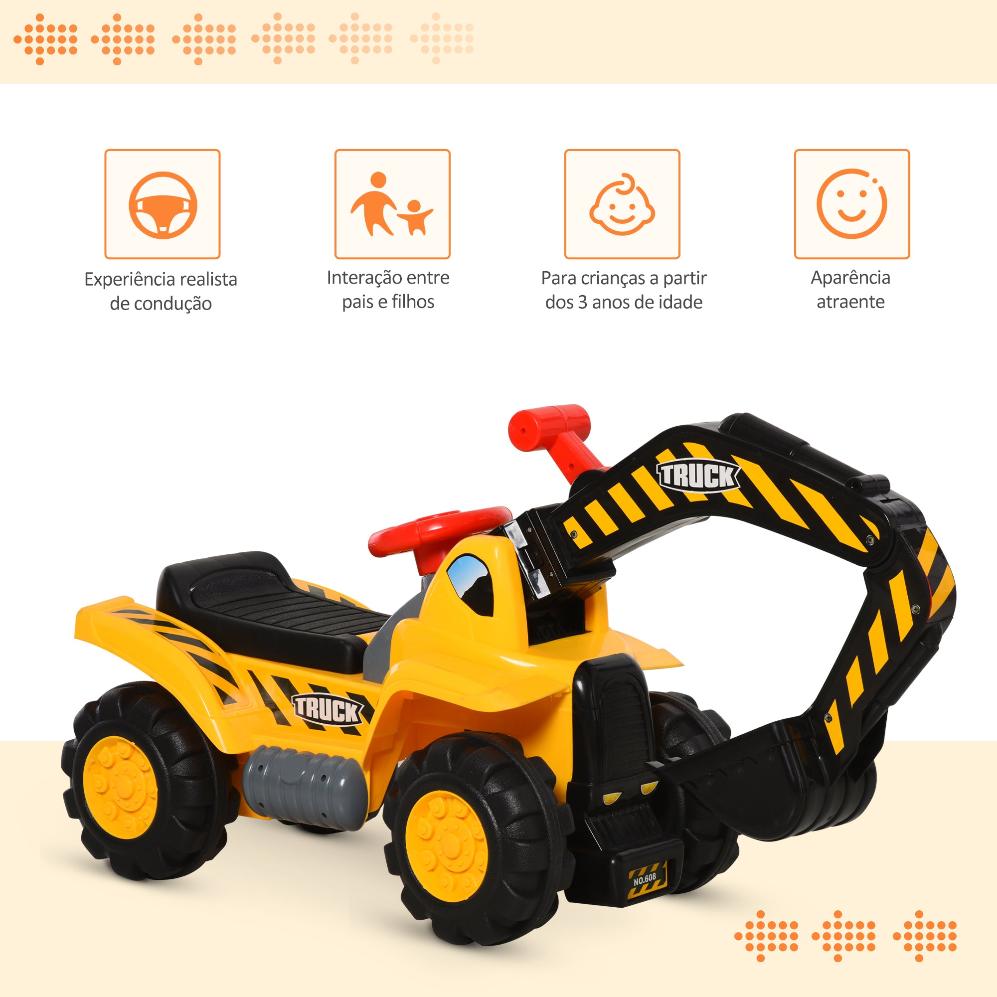 Trator Infantil 4 em 1 Amarelo 98x30x46cm