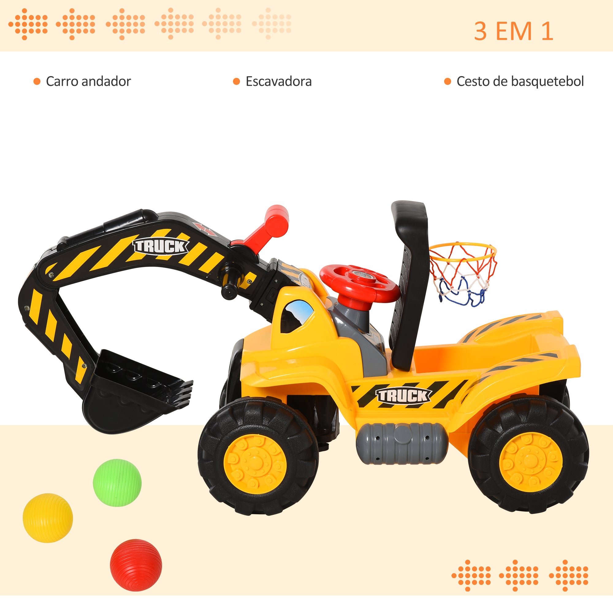 Trator Infantil 4 em 1 Amarelo 98x30x46cm