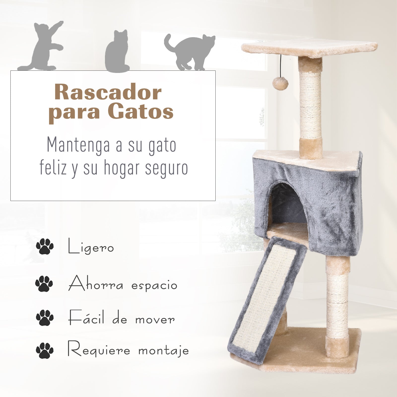 Arranhador para Gatos 40x40x98 cm Cinza e Bege - Postes de Arranhar em Corda de Sisal