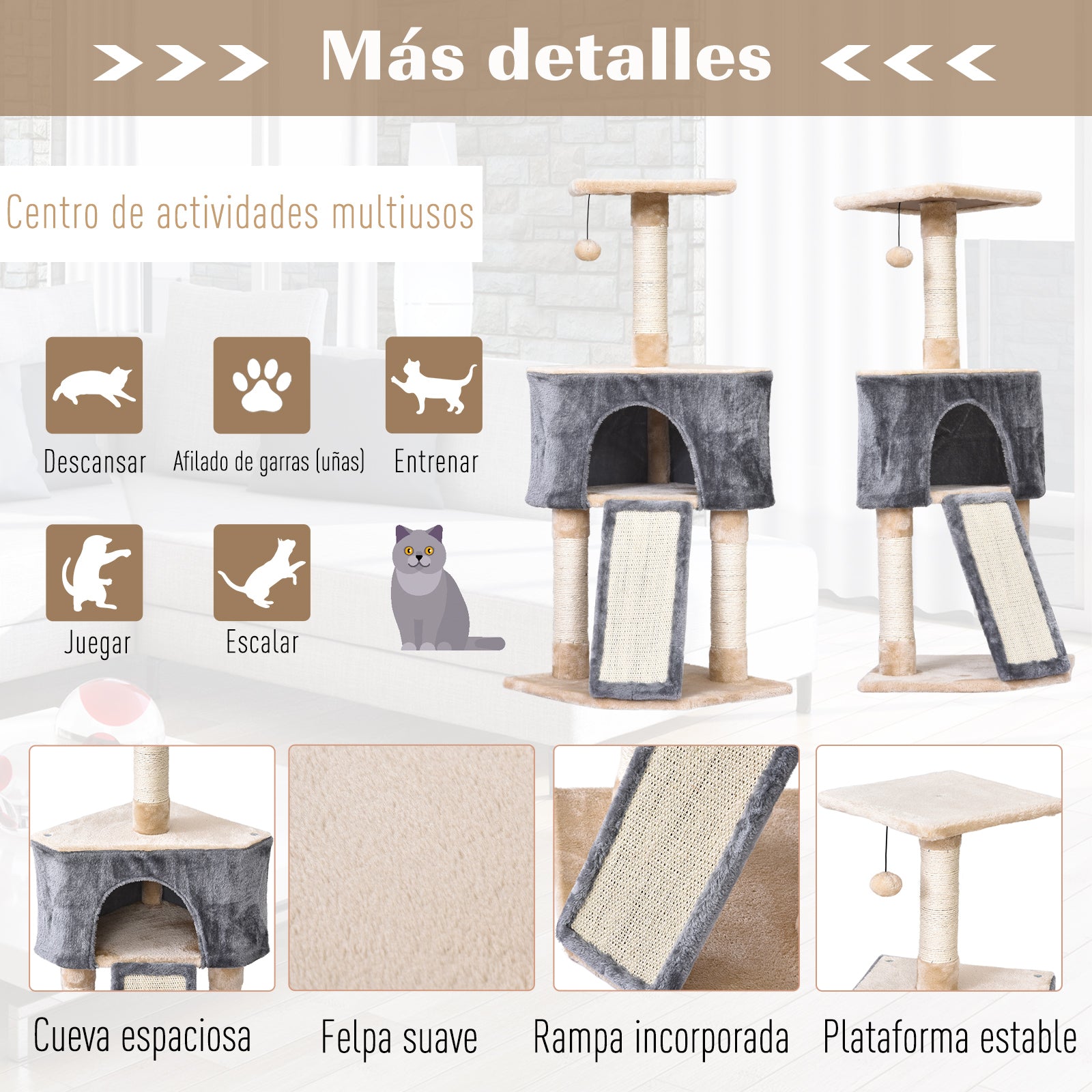 Arranhador para Gatos 40x40x98 cm Cinza e Bege - Postes de Arranhar em Corda de Sisal
