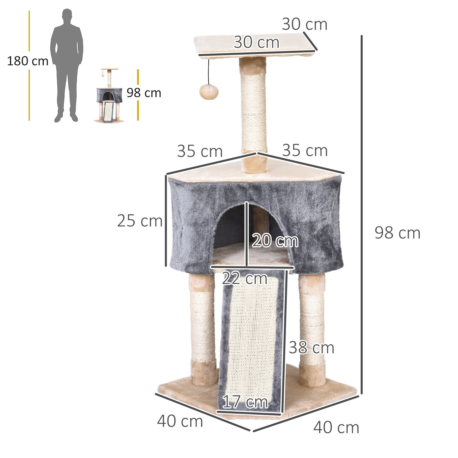 Arranhador para Gatos 40x40x98 cm Cinza e Bege - Postes de Arranhar em Corda de Sisal