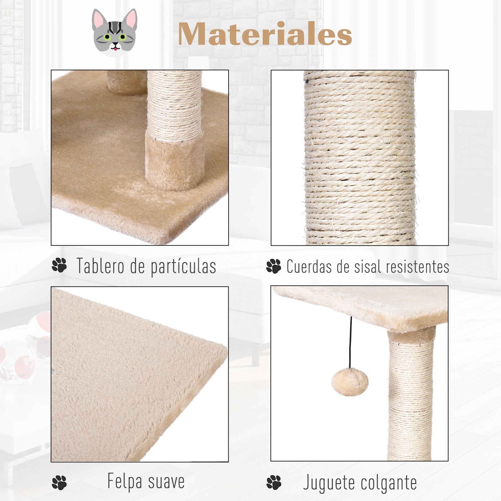 Arranhador para Gatos 40x40x98 cm Cinza e Bege - Postes de Arranhar em Corda de Sisal