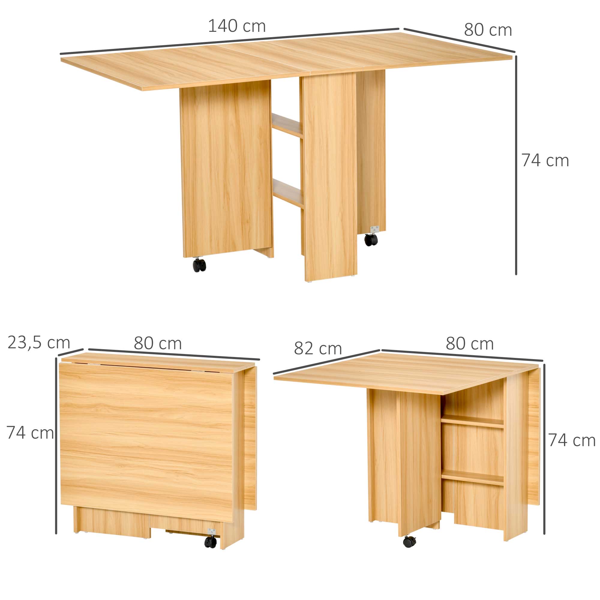 Mesa de Sala de Jantar Dobrável com Rodas 140x80x74cm Cor de Madeira Natural