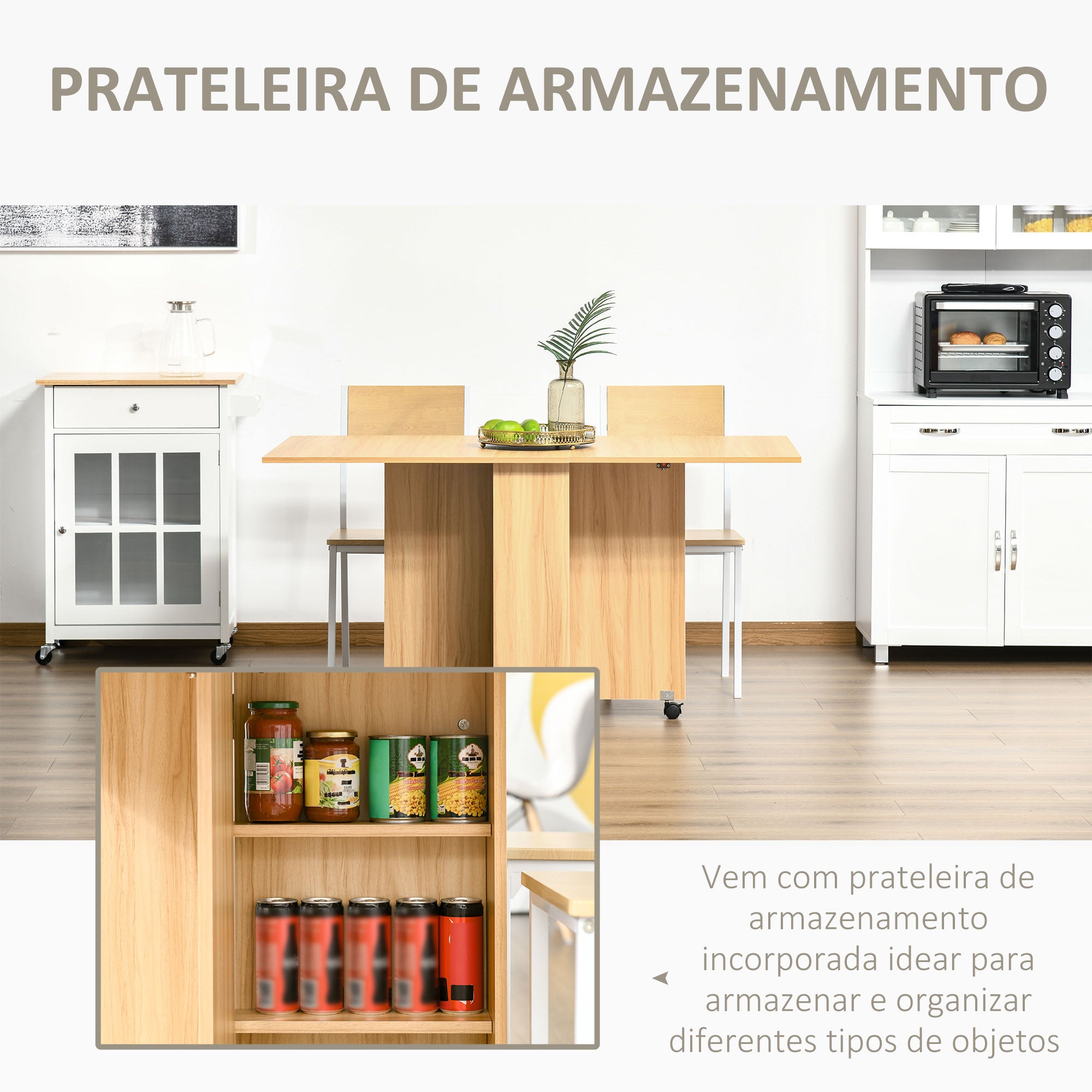Mesa de Sala de Jantar Dobrável com Rodas 140x80x74cm Cor de Madeira Natural