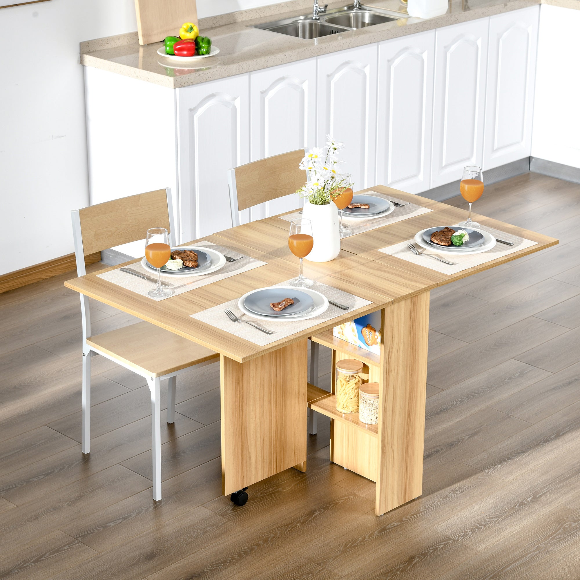 Mesa de Sala de Jantar Dobrável com Rodas 140x80x74cm Cor de Madeira Natural