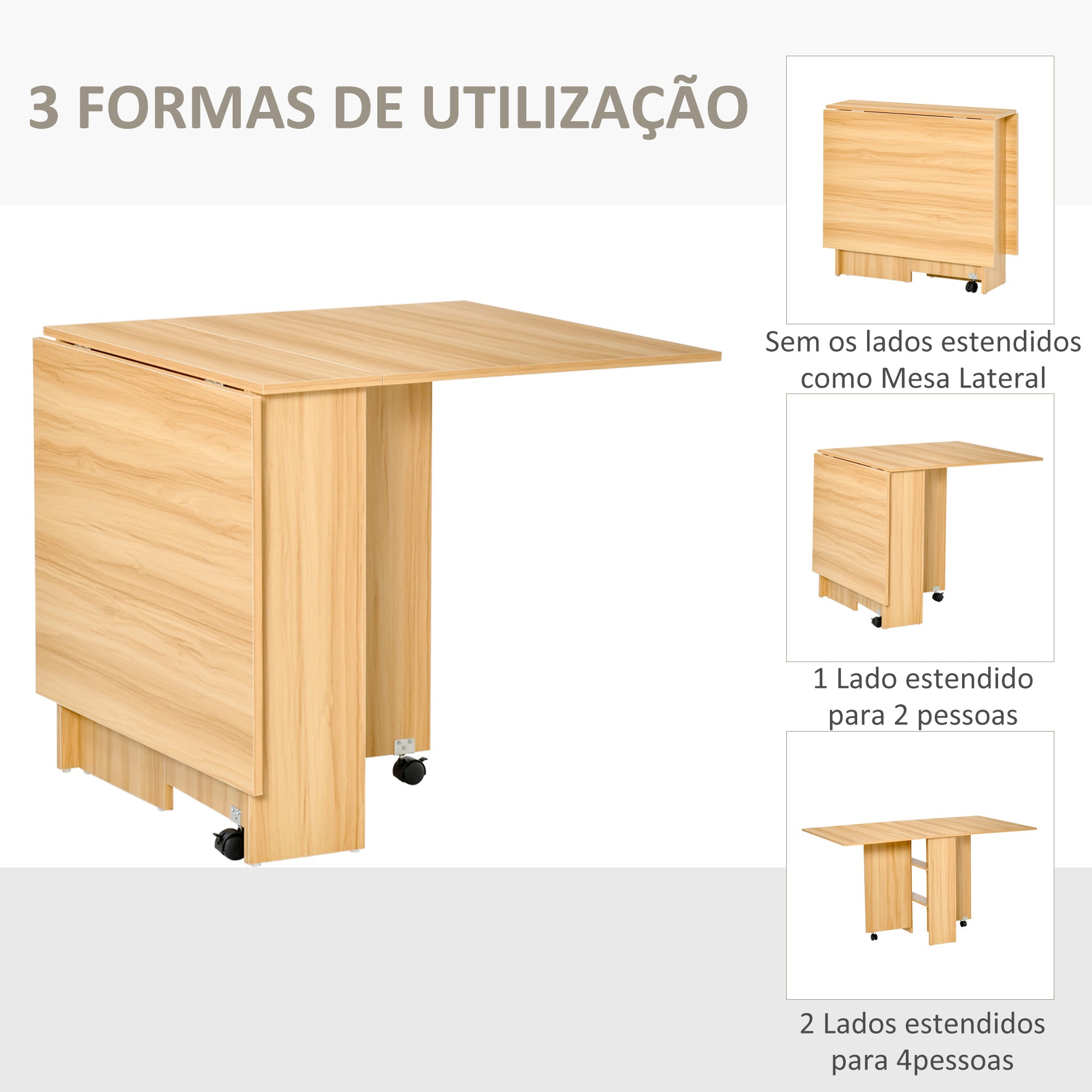 Mesa de Sala de Jantar Dobrável com Rodas 140x80x74cm Cor de Madeira Natural