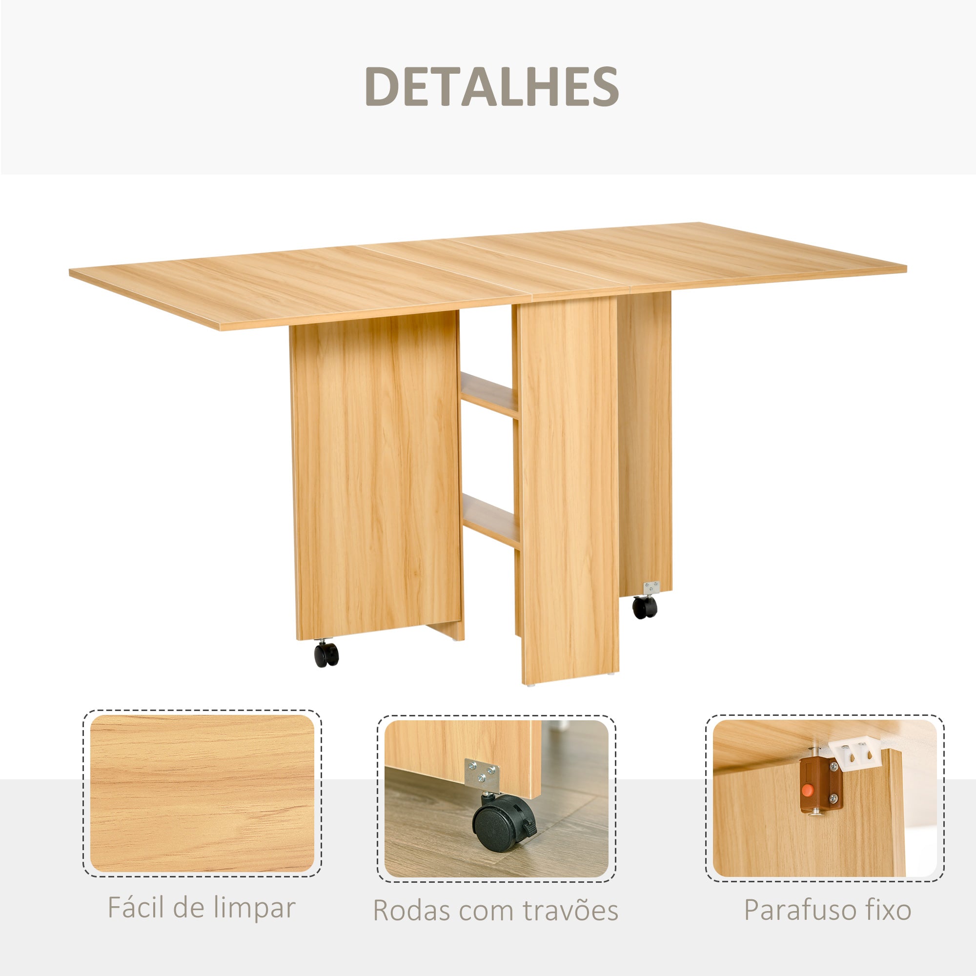 Mesa de Sala de Jantar Dobrável com Rodas 140x80x74cm Cor de Madeira Natural