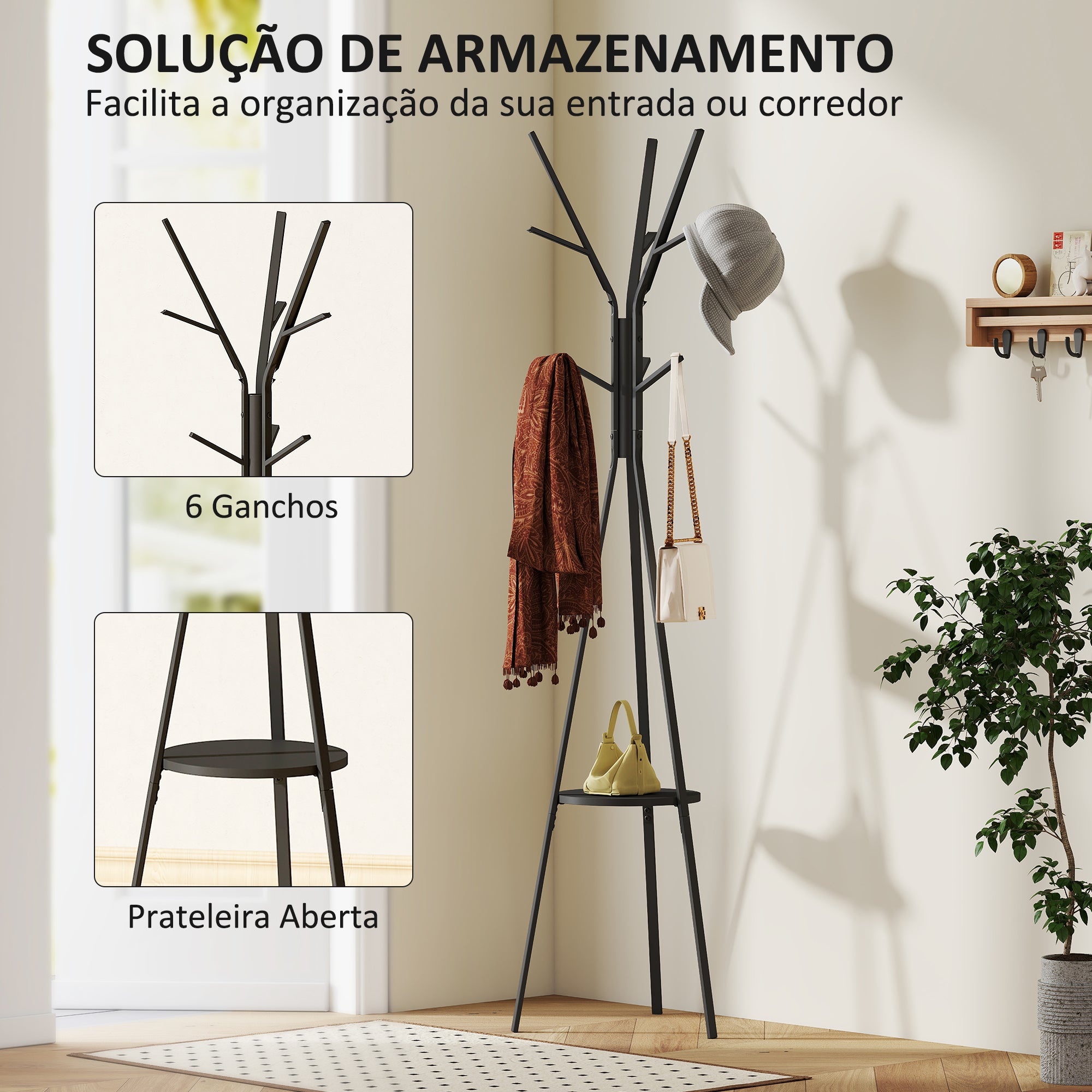 Cabide de Pé Moderno 45x45x180 cm - Preto