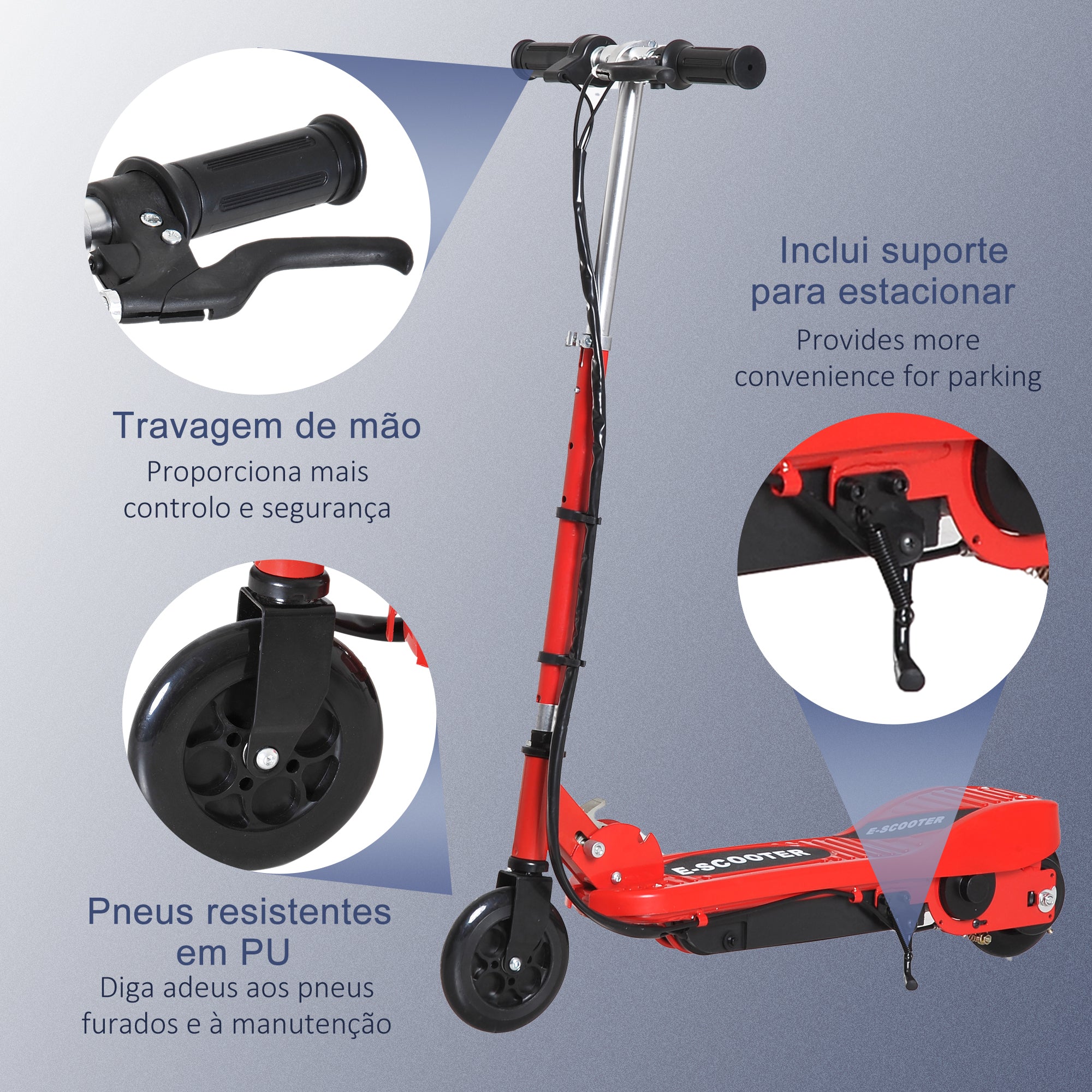 Trotinete Elétrica Dobrável para Crianças - Vermelho 74x36x73cm