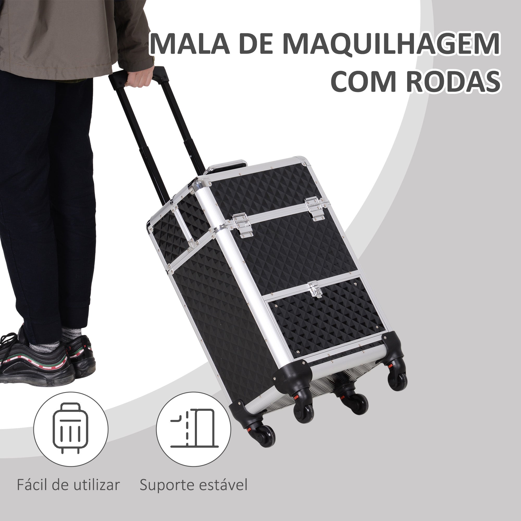 Mala de Maquilhagem Profissional com Gaveta – 34x25x62 cm – Preto – Alumínio e Aço