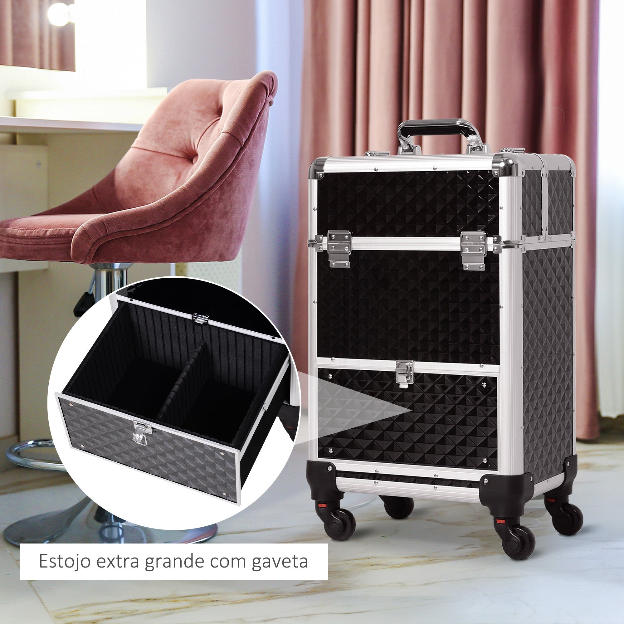 Mala de Maquilhagem Profissional com Gaveta – 34x25x62 cm – Preto – Alumínio e Aço