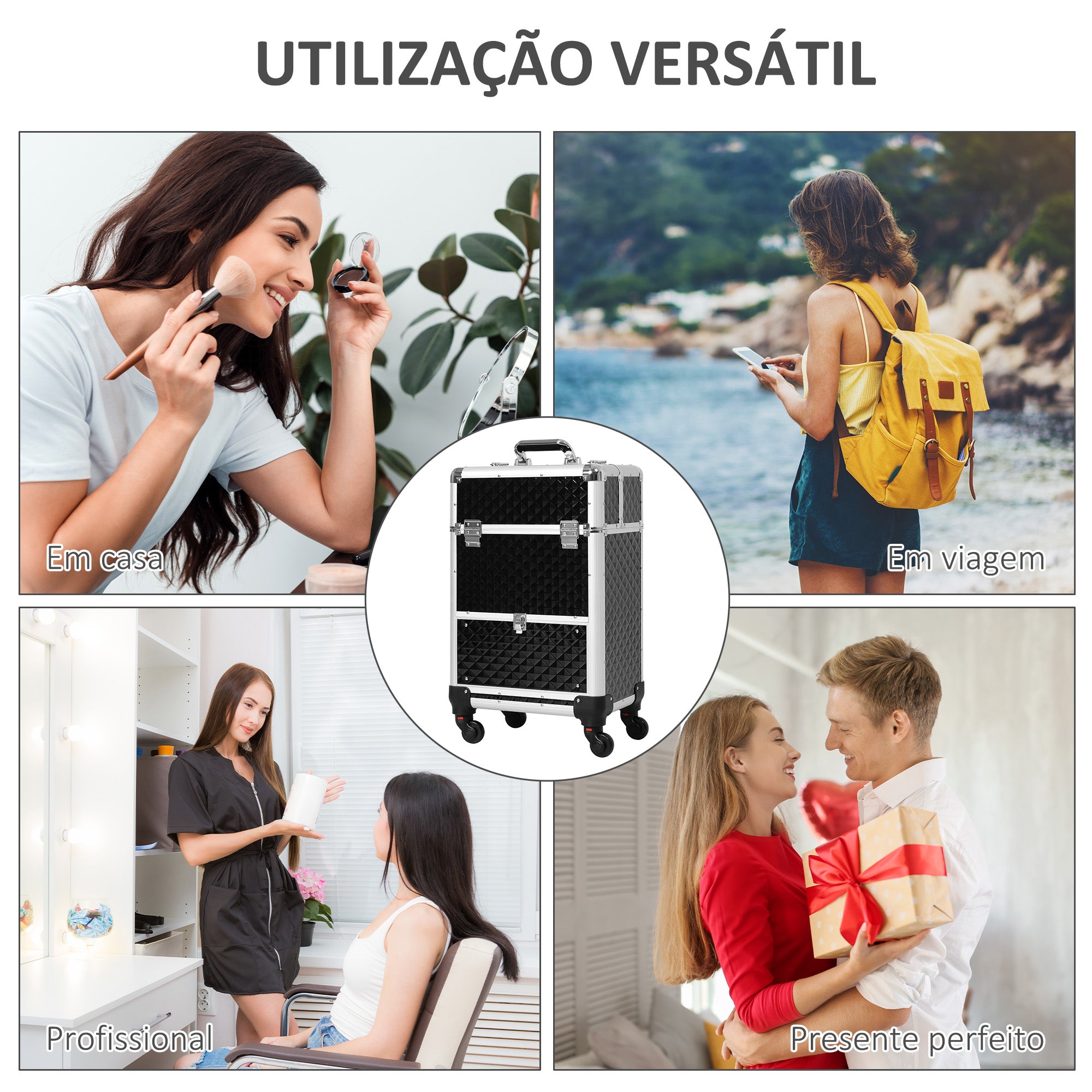 Mala de Maquilhagem Profissional com Gaveta – 34x25x62 cm – Preto – Alumínio e Aço
