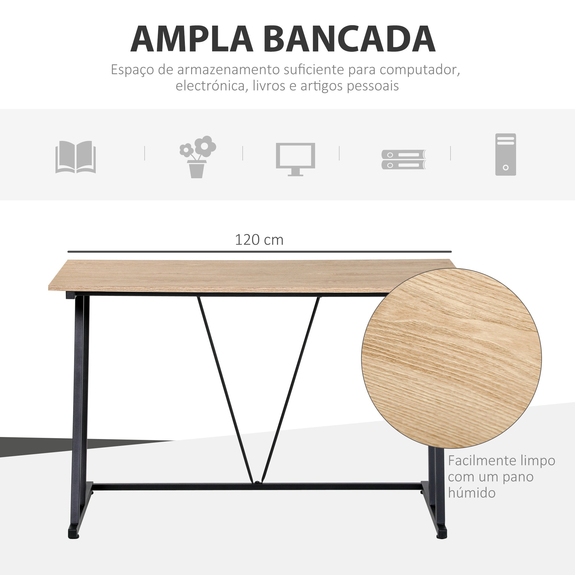 Secretária Mesa de Computador 120x60x75 cm Madeira e Preto - Estilo Moderno para Escritório