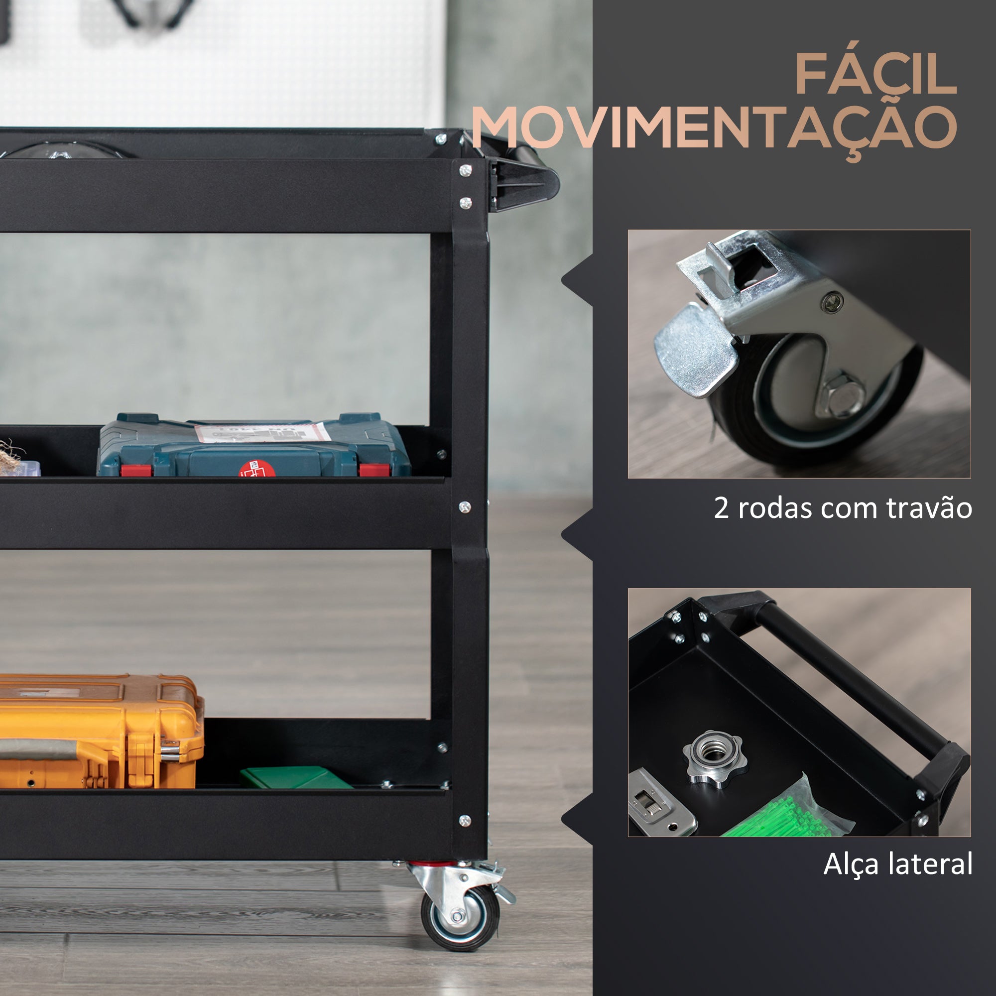 Carrinho de Ferramentas com 3 Prateleiras 83x35,3x76 cm Preto