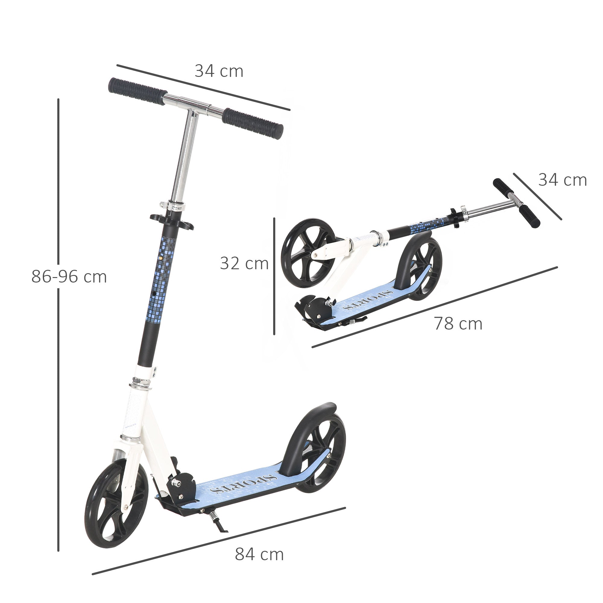 Trotinete Dobrável Branca 84x34x(84-94)cm para Crianças e Adultos