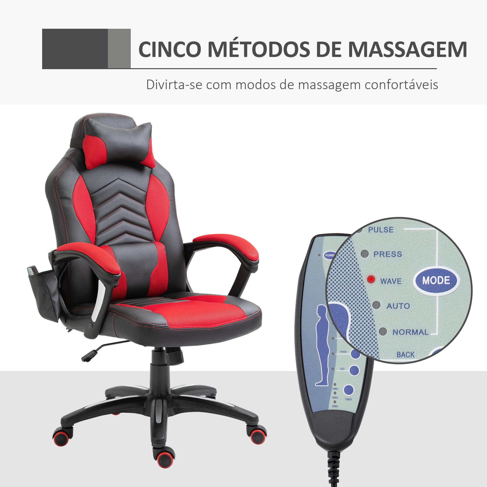 Cadeira de Escritório Ergonómica com Massagem e Aquecimento - 68x69x108-117cm - Preto e Vermelho