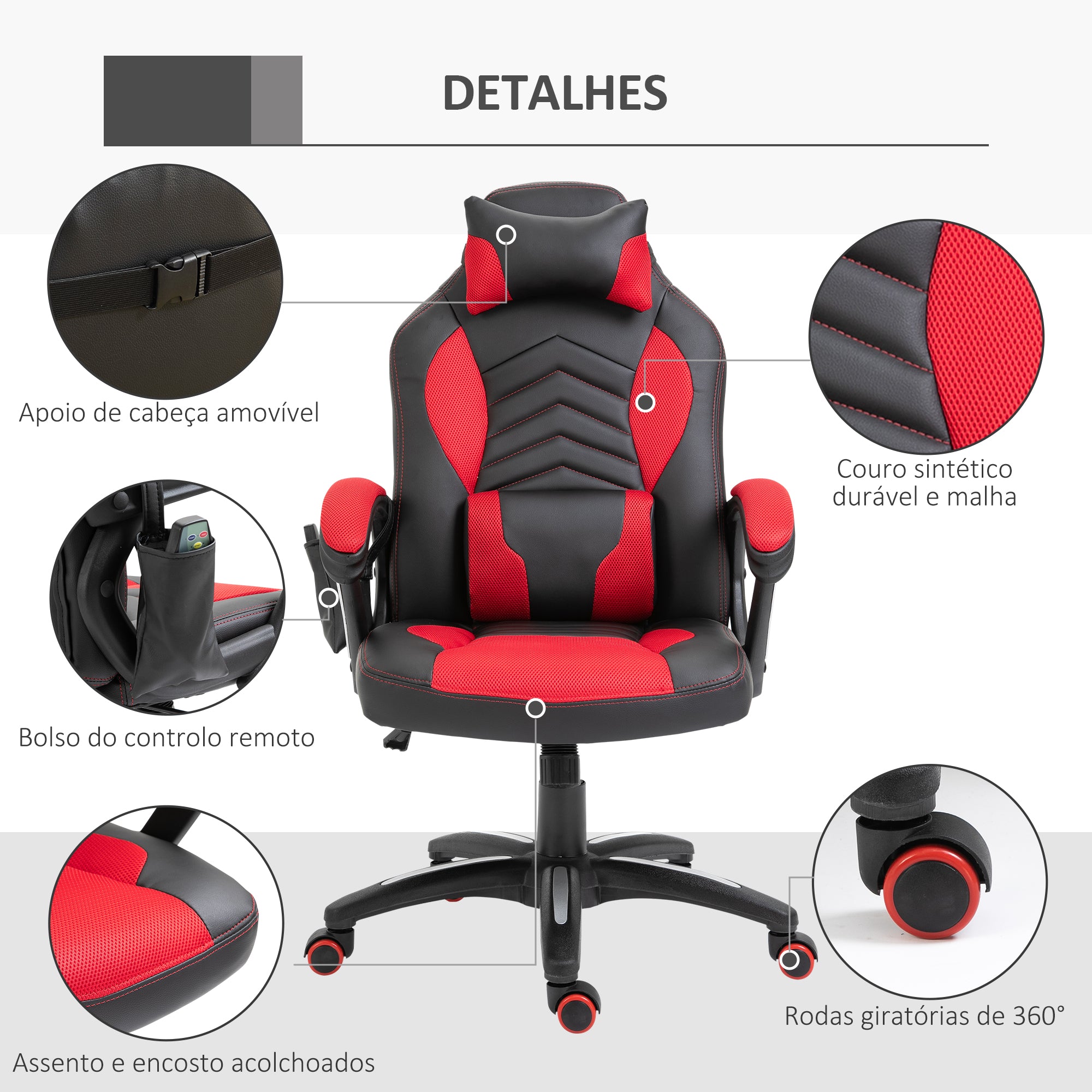 Cadeira de Escritório Ergonómica com Massagem e Aquecimento - 68x69x108-117cm - Preto e Vermelho