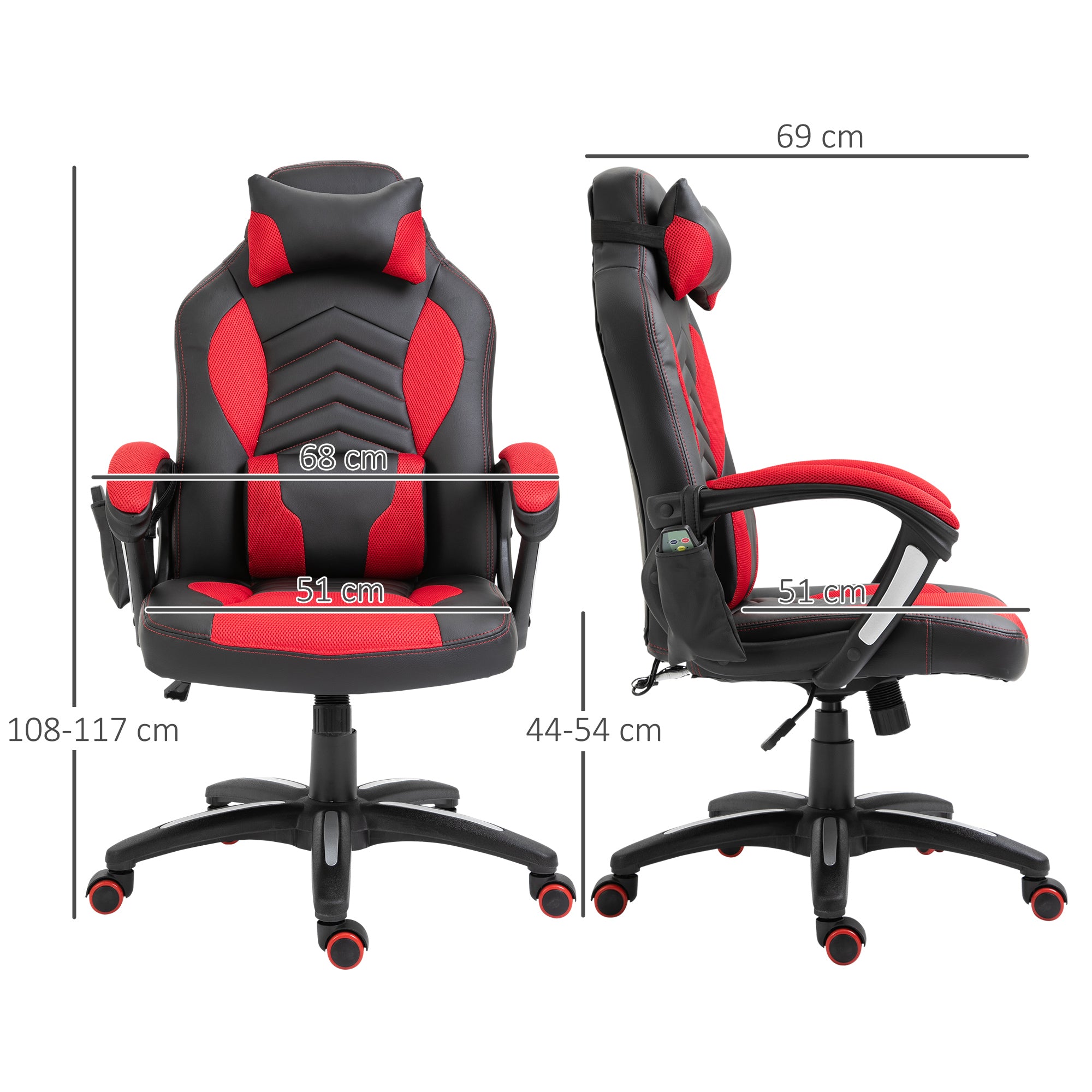 Cadeira de Escritório Ergonómica com Massagem e Aquecimento - 68x69x108-117cm - Preto e Vermelho