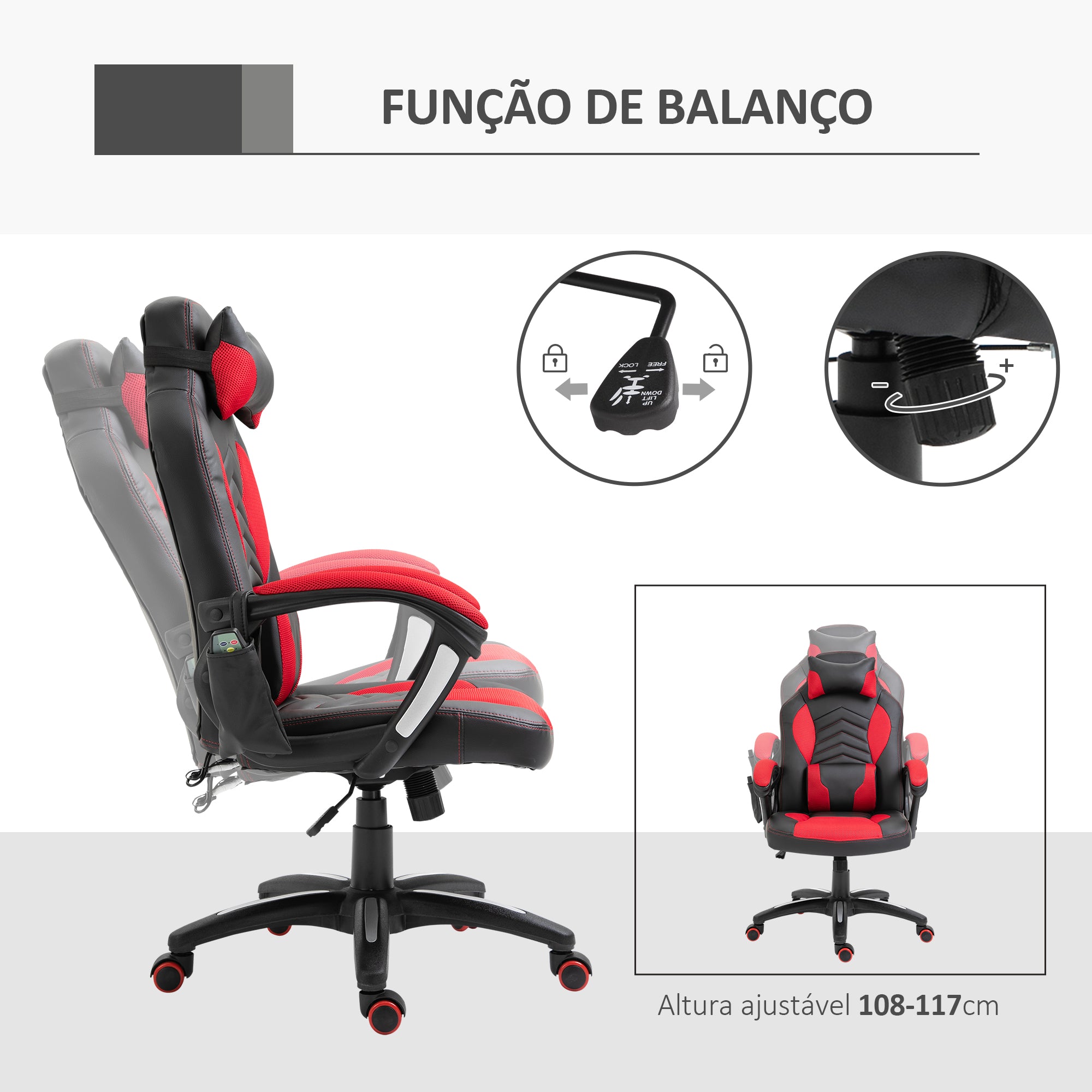 Cadeira de Escritório Ergonómica com Massagem e Aquecimento - 68x69x108-117cm - Preto e Vermelho
