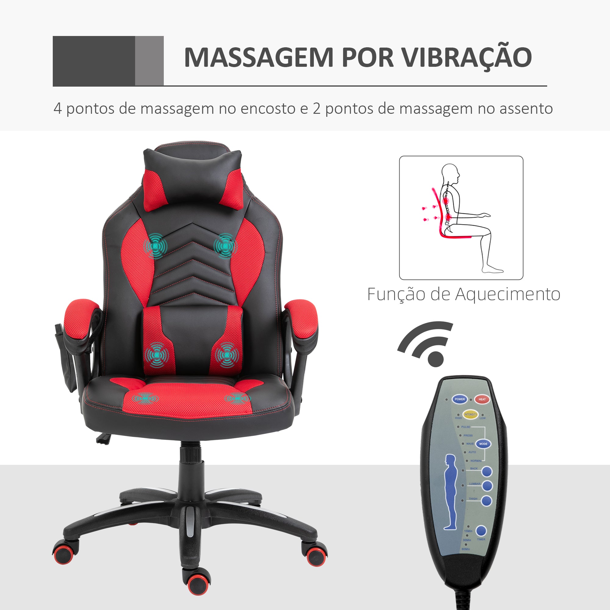 Cadeira de Escritório Ergonómica com Massagem e Aquecimento - 68x69x108-117cm - Preto e Vermelho