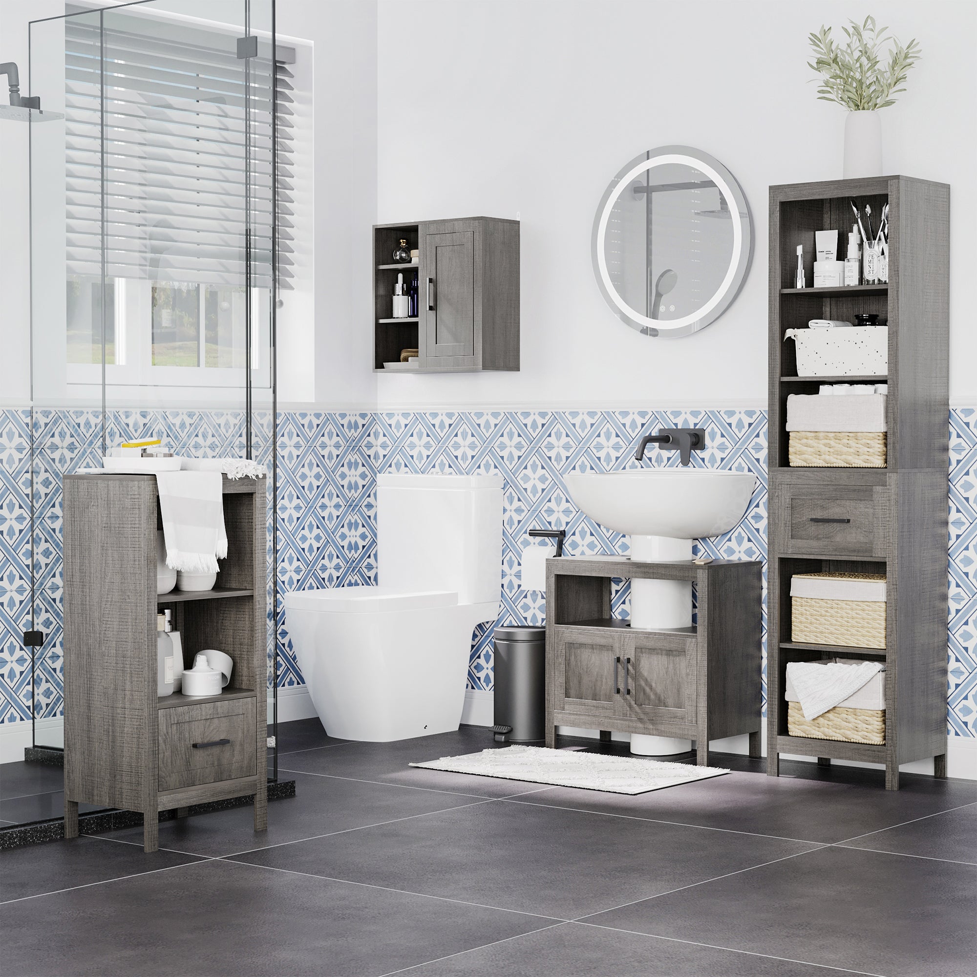 Móvel Coluna de Casa de Banho Cinzento 42x30x170cm - Organizador Compacto com Gaveta e Prateleiras Abertas
