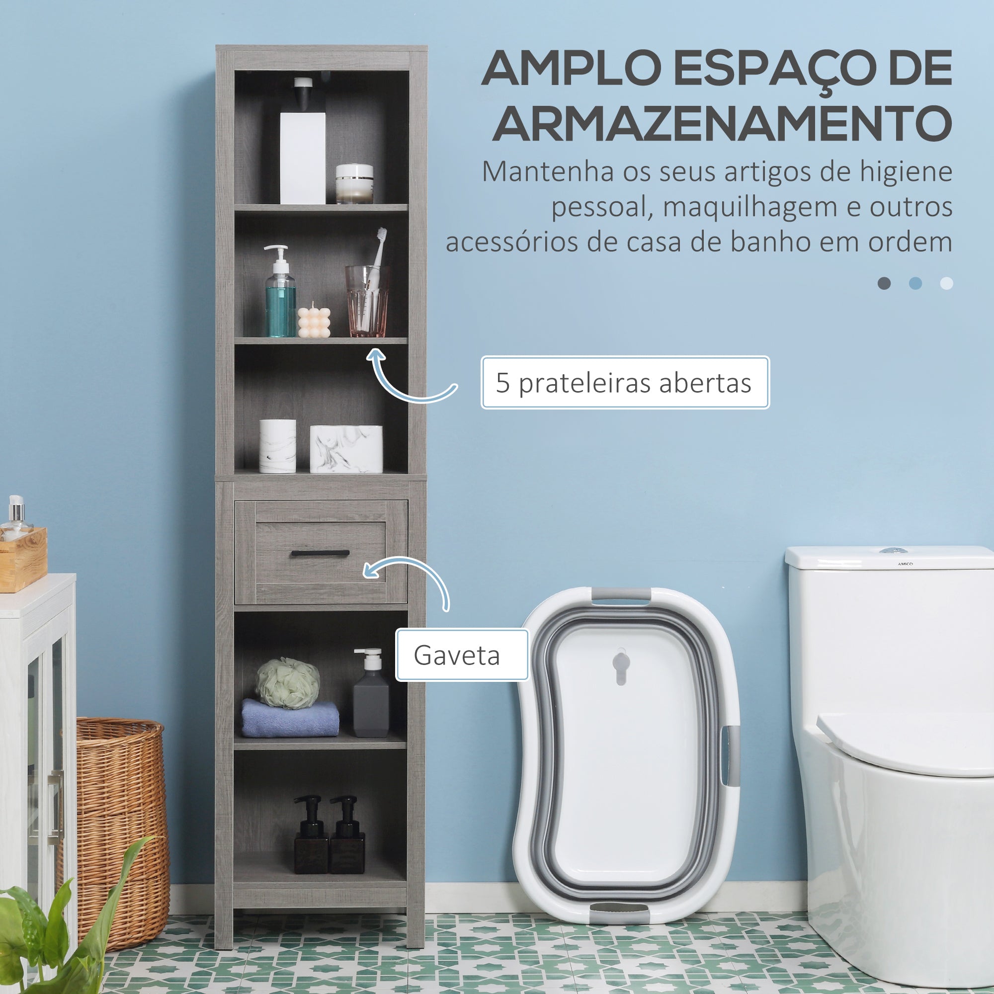 Móvel Coluna de Casa de Banho Cinzento 42x30x170cm - Organizador Compacto com Gaveta e Prateleiras Abertas