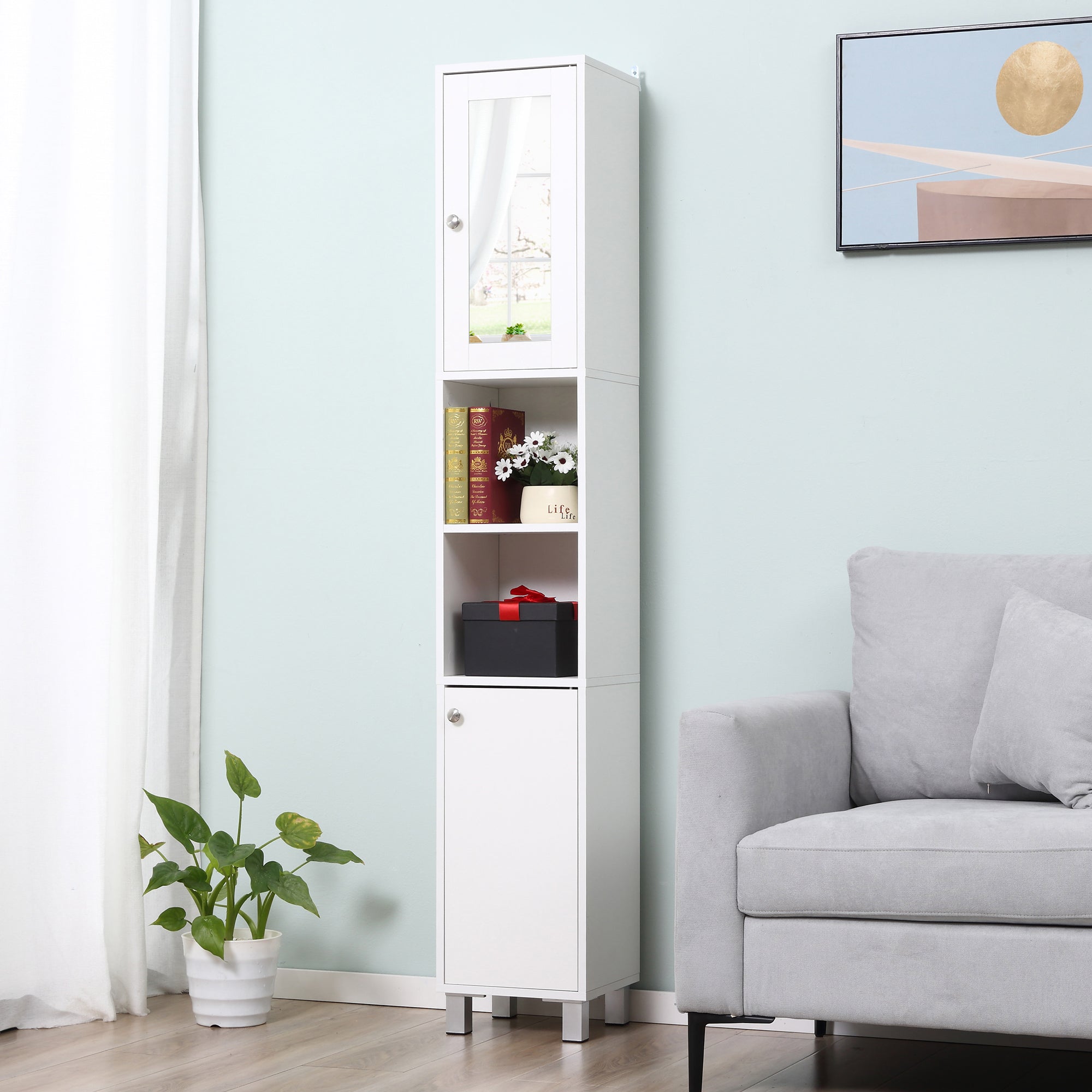 Móvel Coluna de Casa de Banho Cinzento 42x30x170cm - Organizador Compacto com Gaveta e Prateleiras Abertas