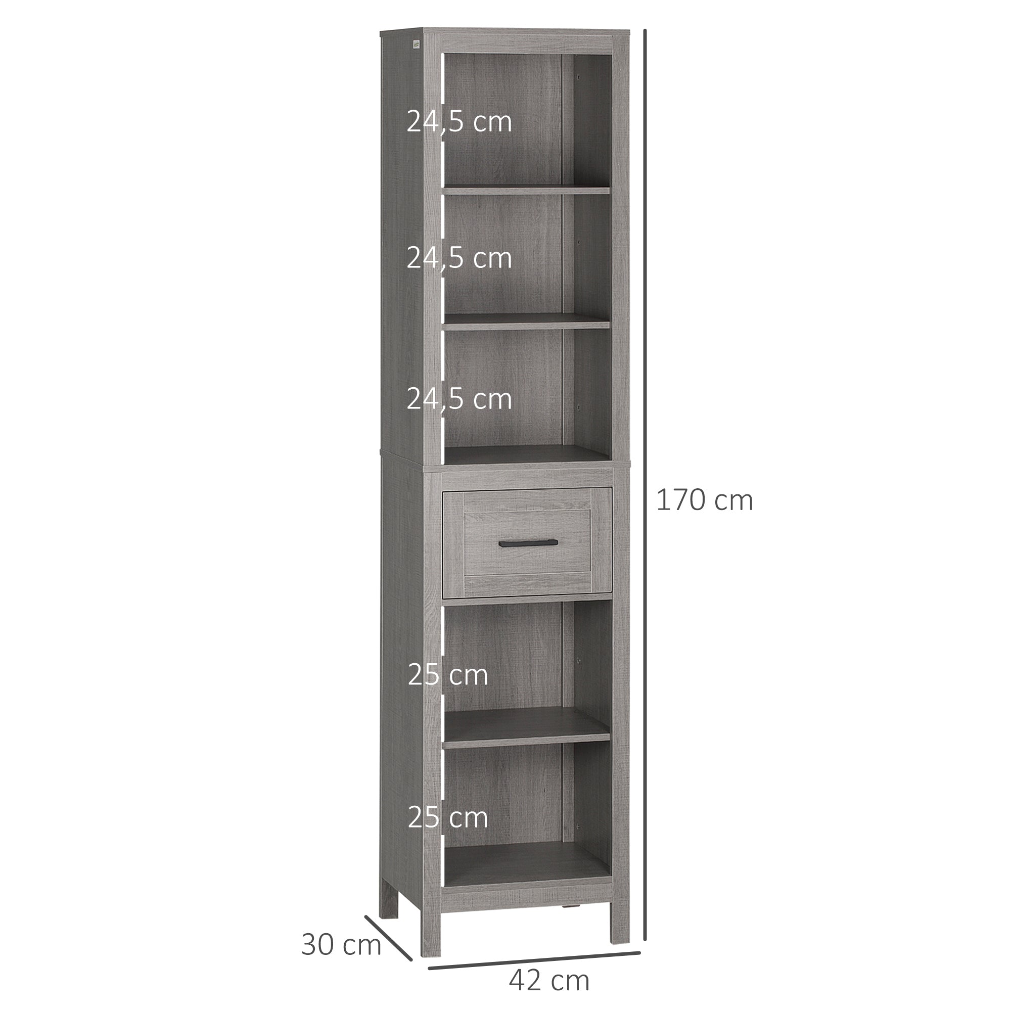 Móvel Coluna de Casa de Banho Cinzento 42x30x170cm - Organizador Compacto com Gaveta e Prateleiras Abertas