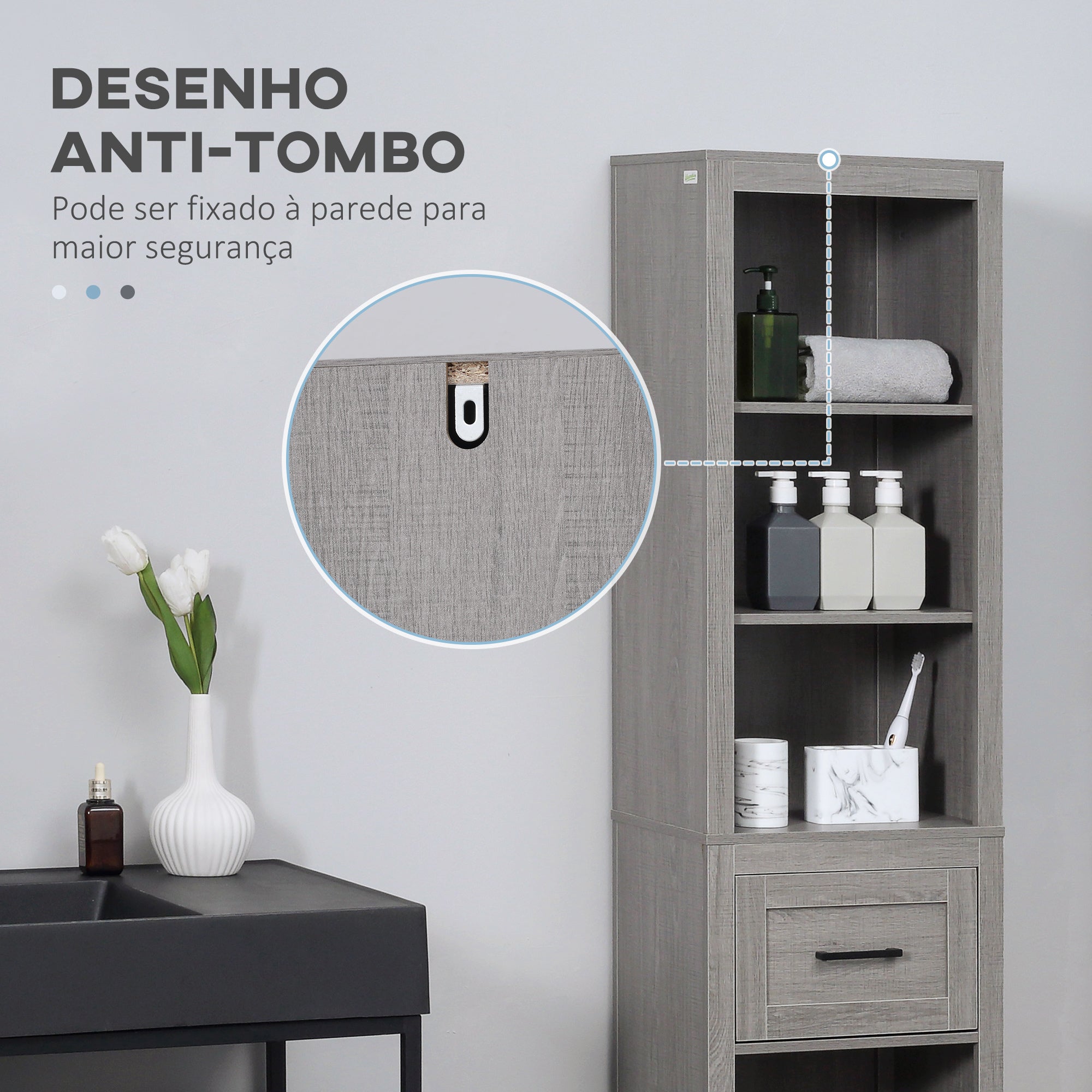 Móvel Coluna de Casa de Banho Cinzento 42x30x170cm - Organizador Compacto com Gaveta e Prateleiras Abertas