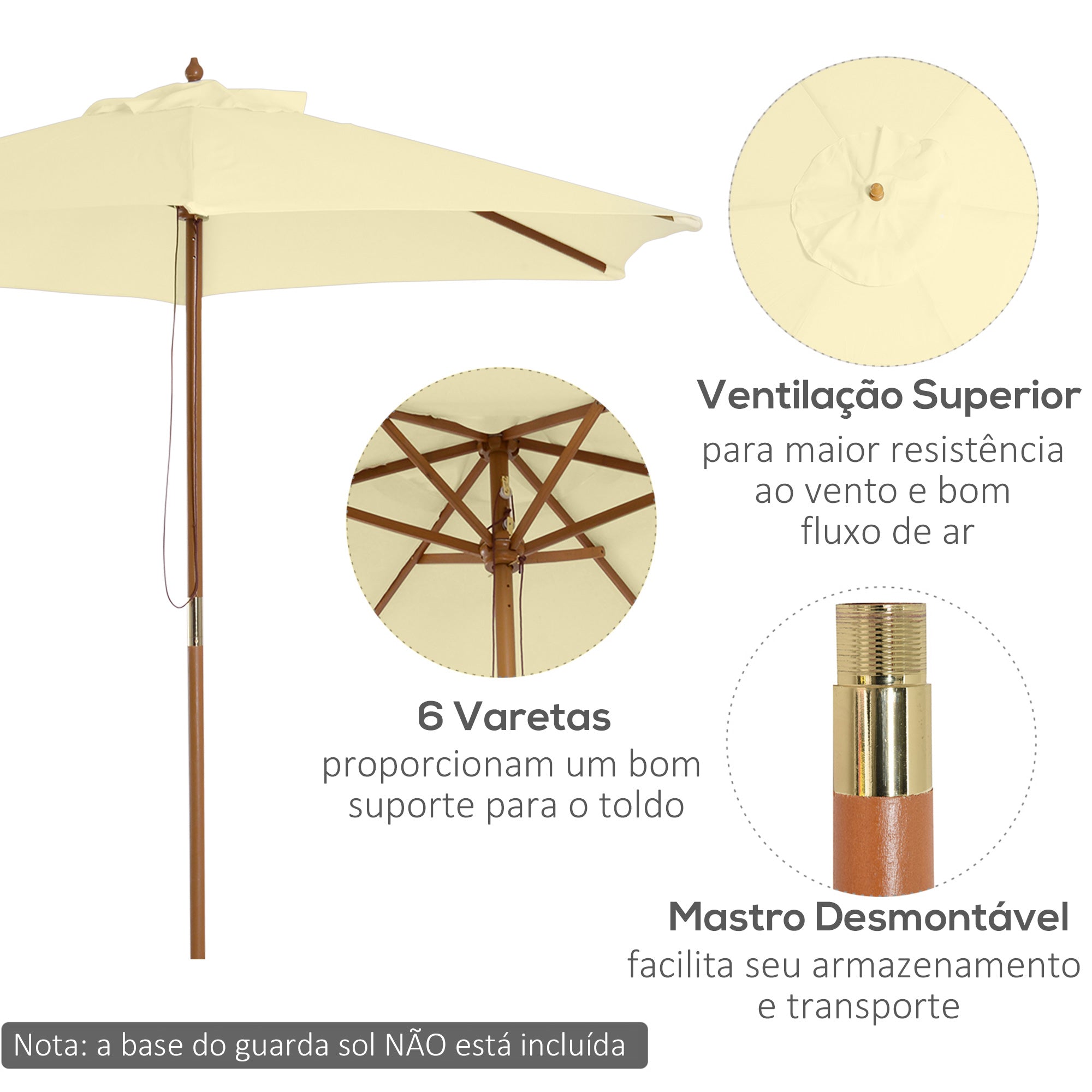 Chapéu de Sol Ø250x225cm em Creme Branco para Jardim, Pátio e Terraço