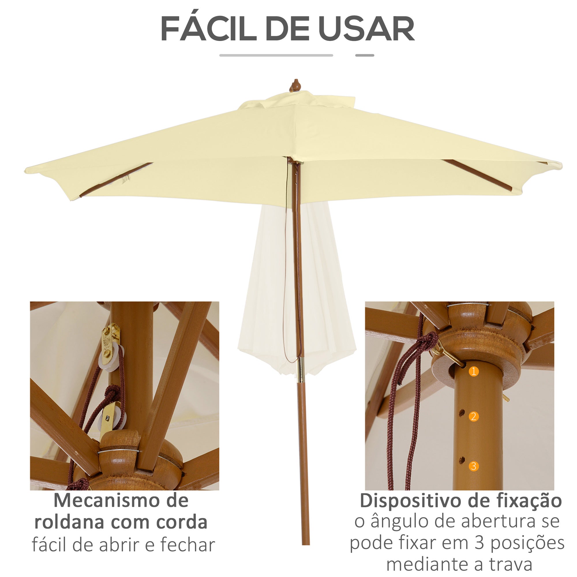 Chapéu de Sol Ø250x225cm em Creme Branco para Jardim, Pátio e Terraço