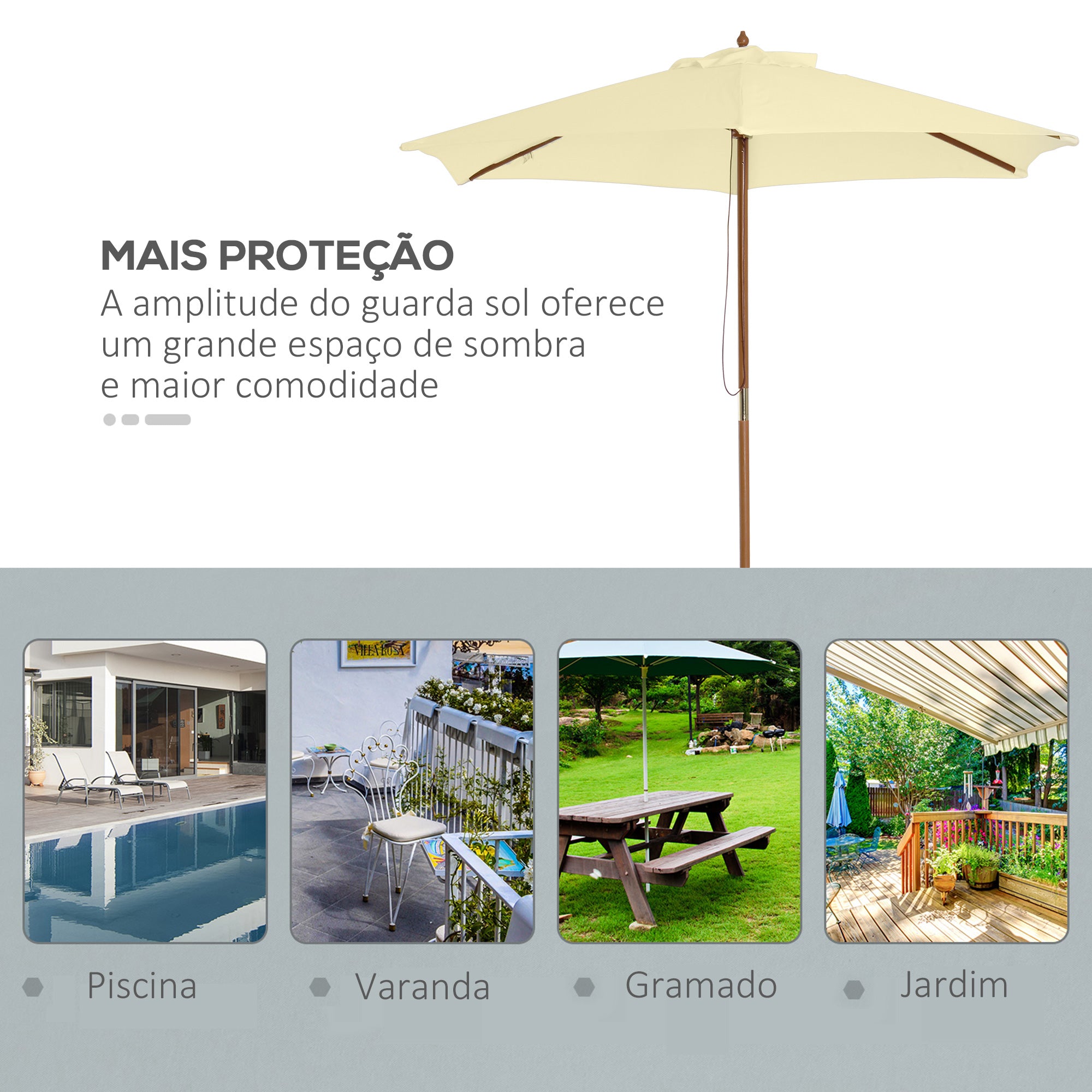 Chapéu de Sol Ø250x225cm em Creme Branco para Jardim, Pátio e Terraço